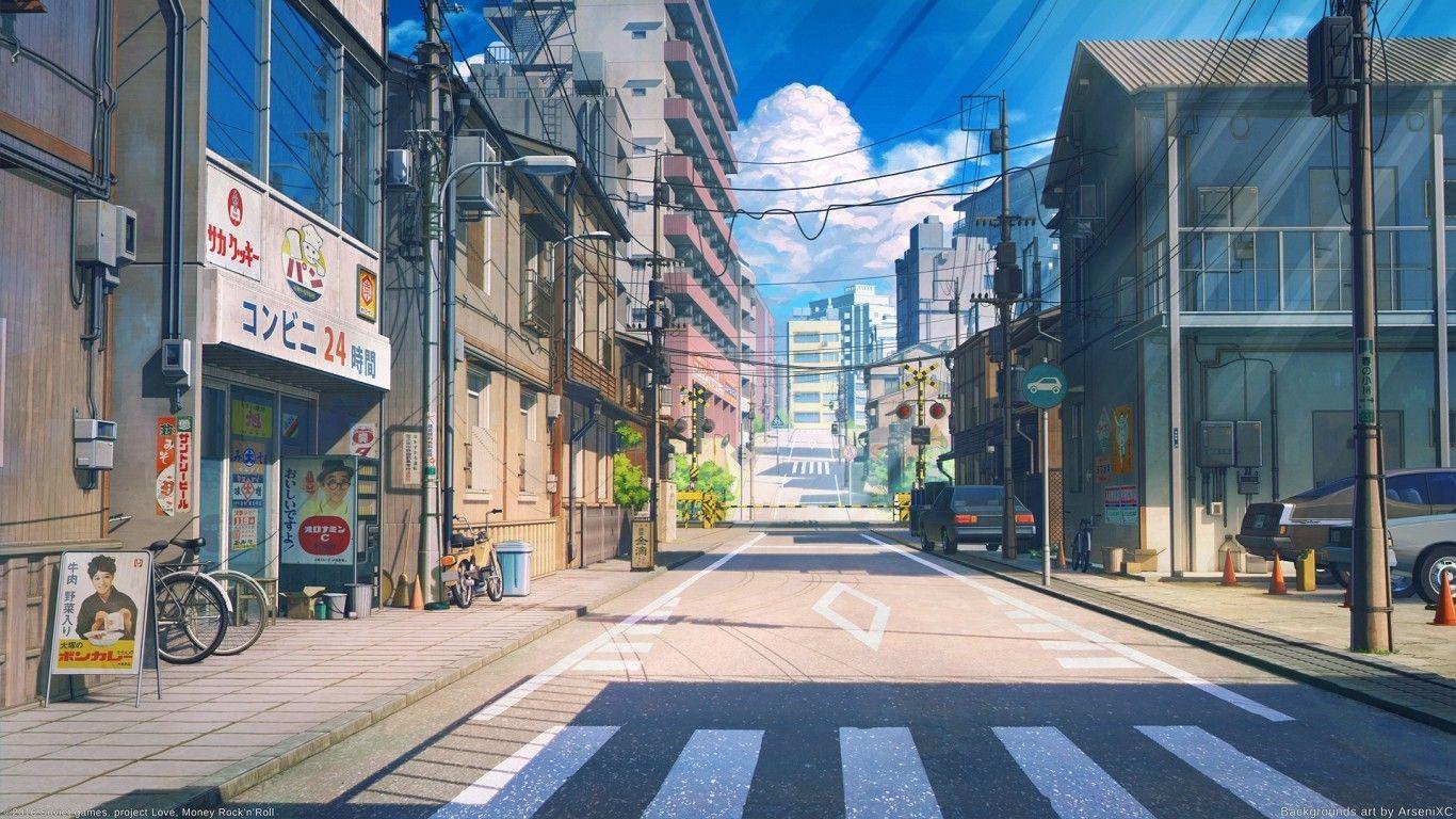 1366x768 Download 1366x768 Anime Street, Scenic, Buildings, Bicycle