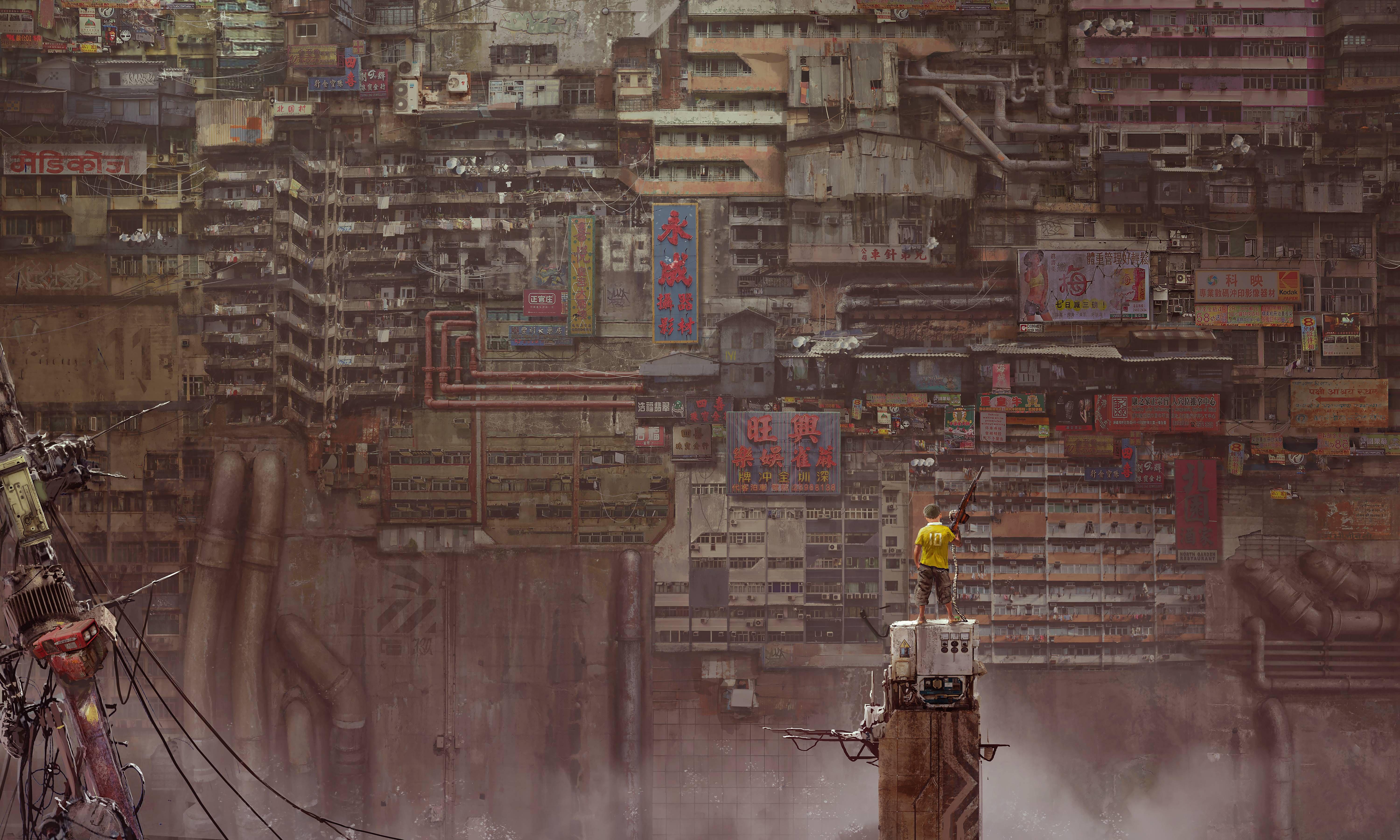6000x3600 Boy With Gun Apocalypse Kowloon Walled City Art 5k, HD