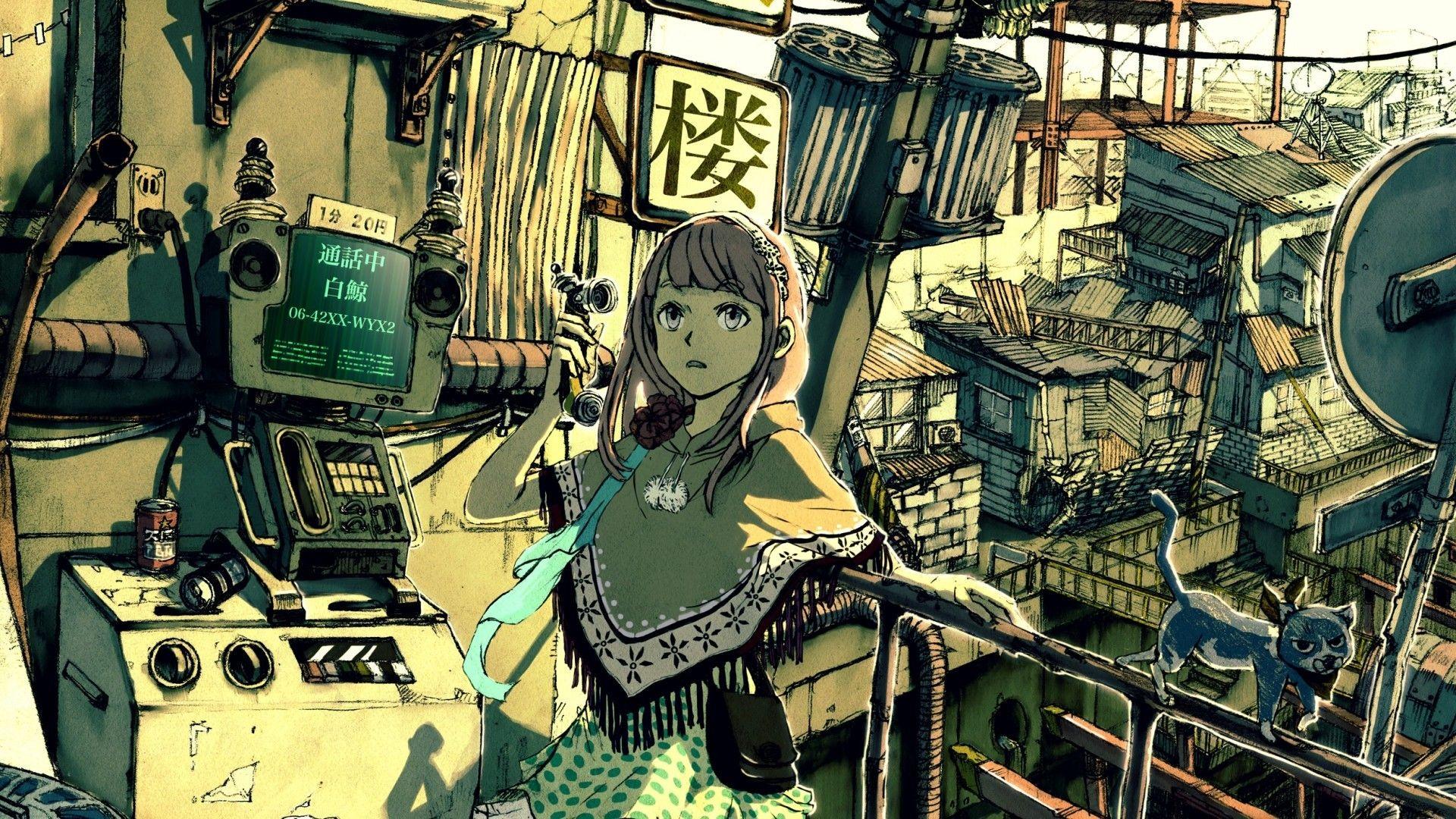 1920x1080 Download 1920x1080 Anime Girl, Buildings, Cat, City, Art