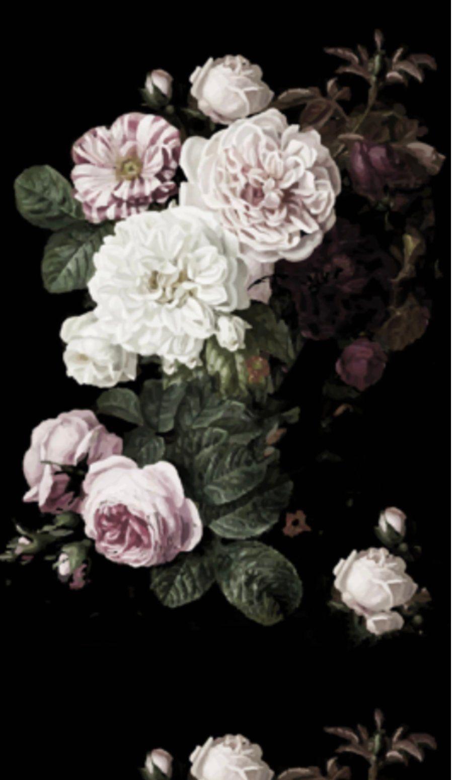 898x1550 Dark Floral wallpaper Black floral Removable wallpaper vintage roses floral on black flowers Peel & Stick Self Adhesive nursery mural black