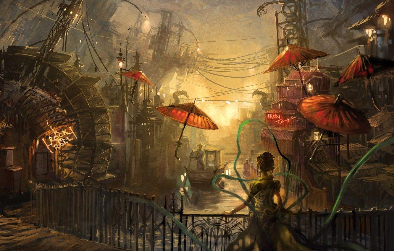 1332x850 Wallpaper bridge, wire, woman, channel, umbrellas, Paint