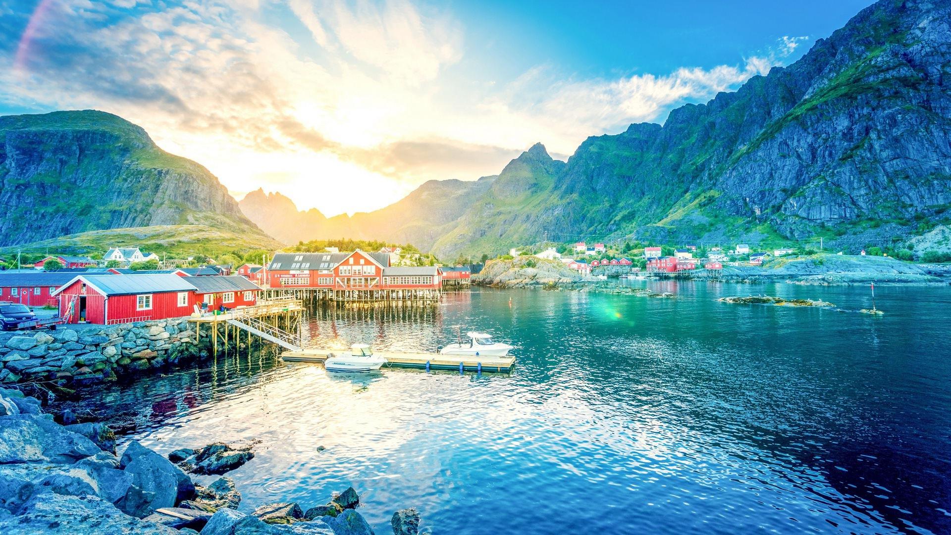 1920x1080 Lofoten Village Lake Mountain Norway. Wallpaper