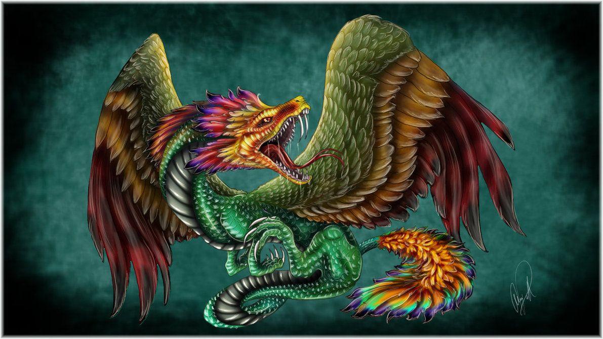 Quetzalcoatl colorful fantasy orange fight manzanedo dragon blue  luminos HD wallpaper  Digital art prints Digital art Aztec art