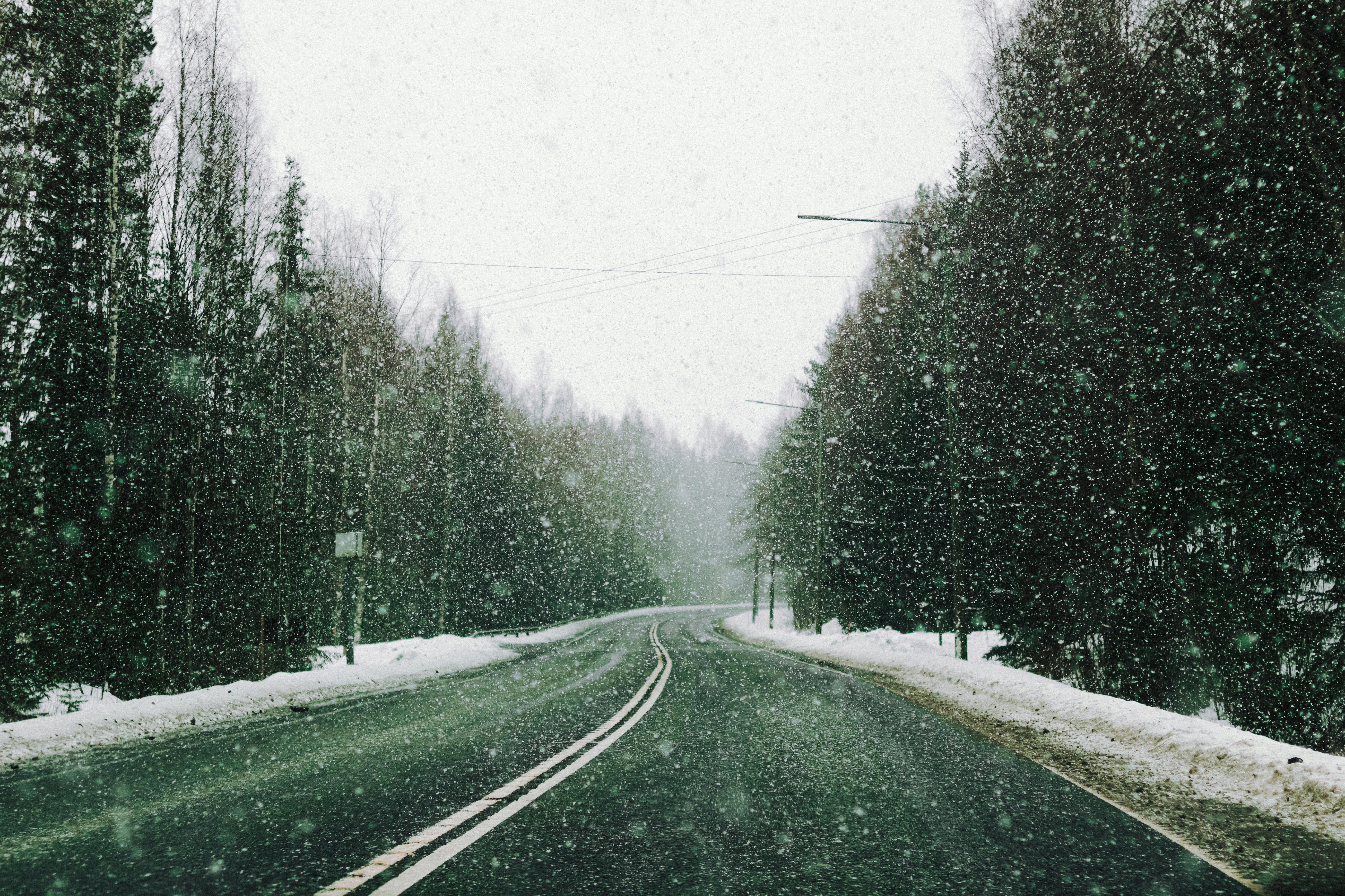 6000x4000 Snowfall over Road in Forest in Winter
