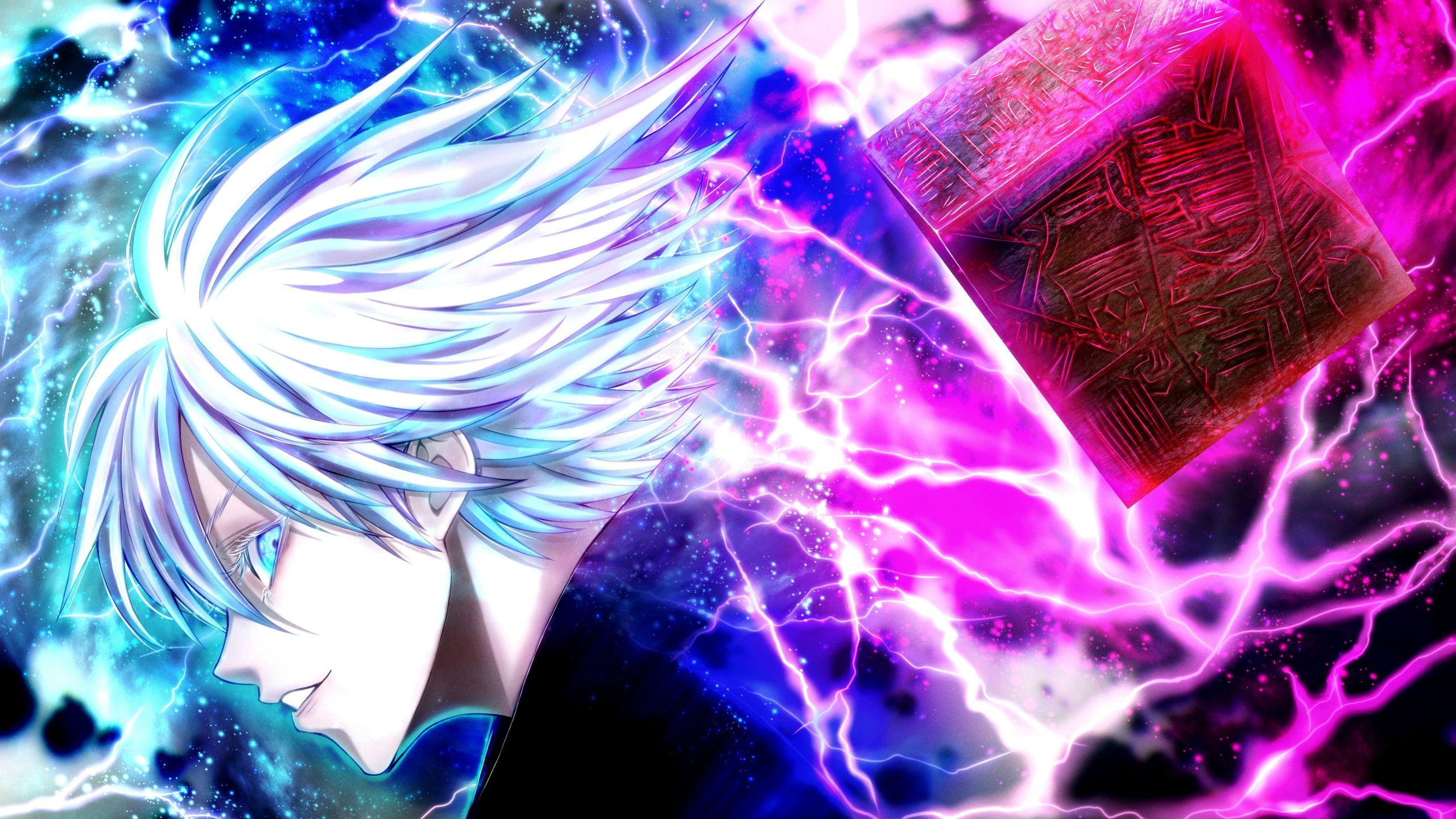 2560x1440 Satoru Gojo Blue Pink Sparkle