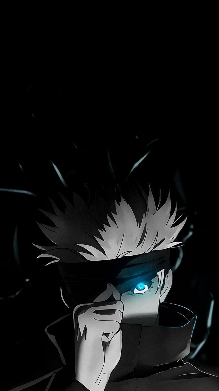720x1280 free 4K wallpaper gojo satoru, jujutsu kaisen, anime, guy, blindfold, blue eyes, black backgroun