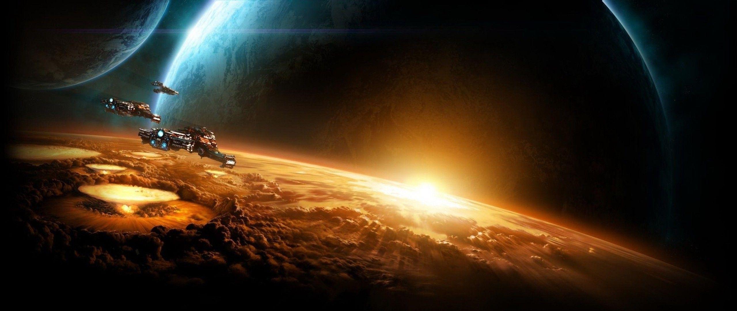 2560x1080 Starcraft II, Nuclear, Space, Spaceship, Planet Wallpaper