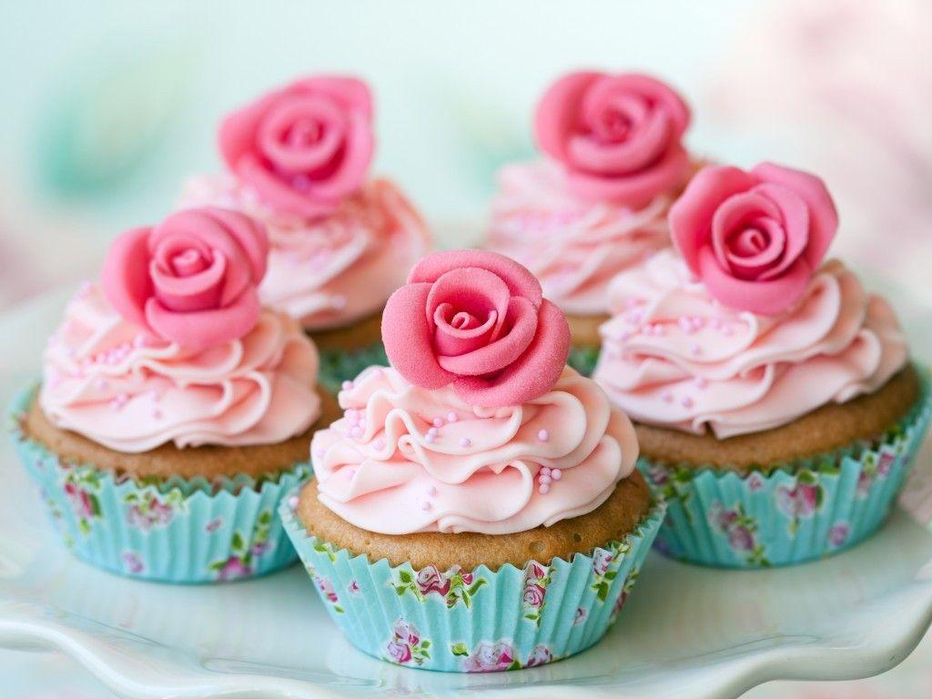 1024x768 Other: Flowers Topping Blue Cup Cream Cupcakes Pink Sweet Vanilla