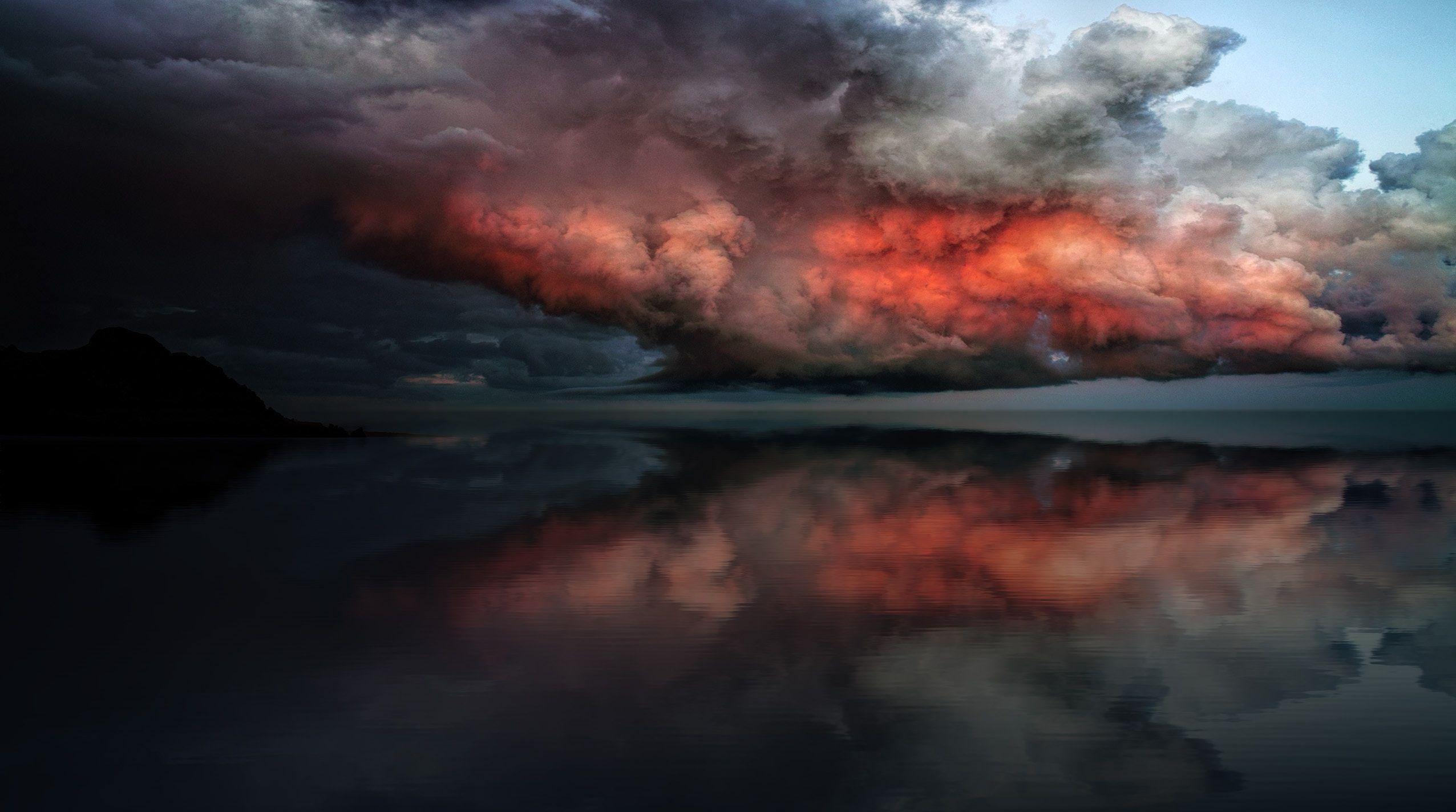 2552x1424 Storm Red Clouds Touching Ocean, HD Nature, 4k Wallpaper