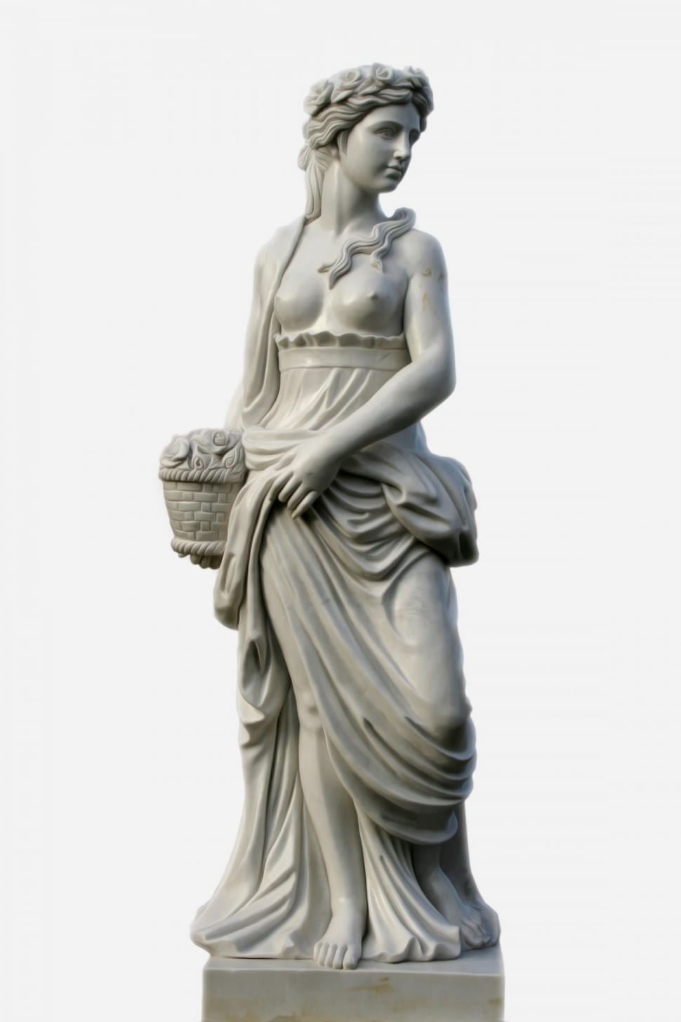 970x1455 white top less woman carrying a basket statuette free image