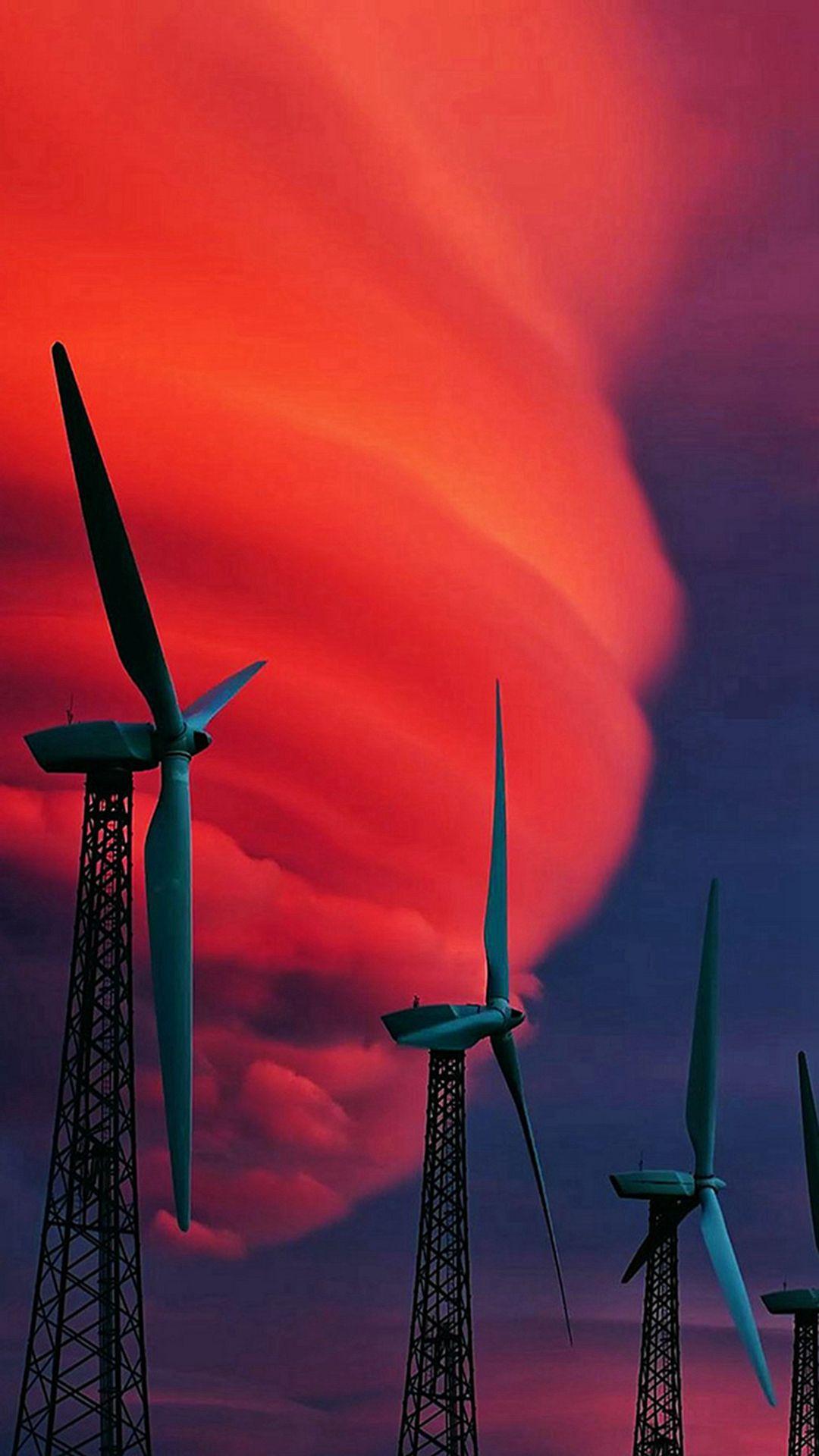1080x1920 Wind Turbines Red Clouds iPhone 8 Wallpaper Free Download