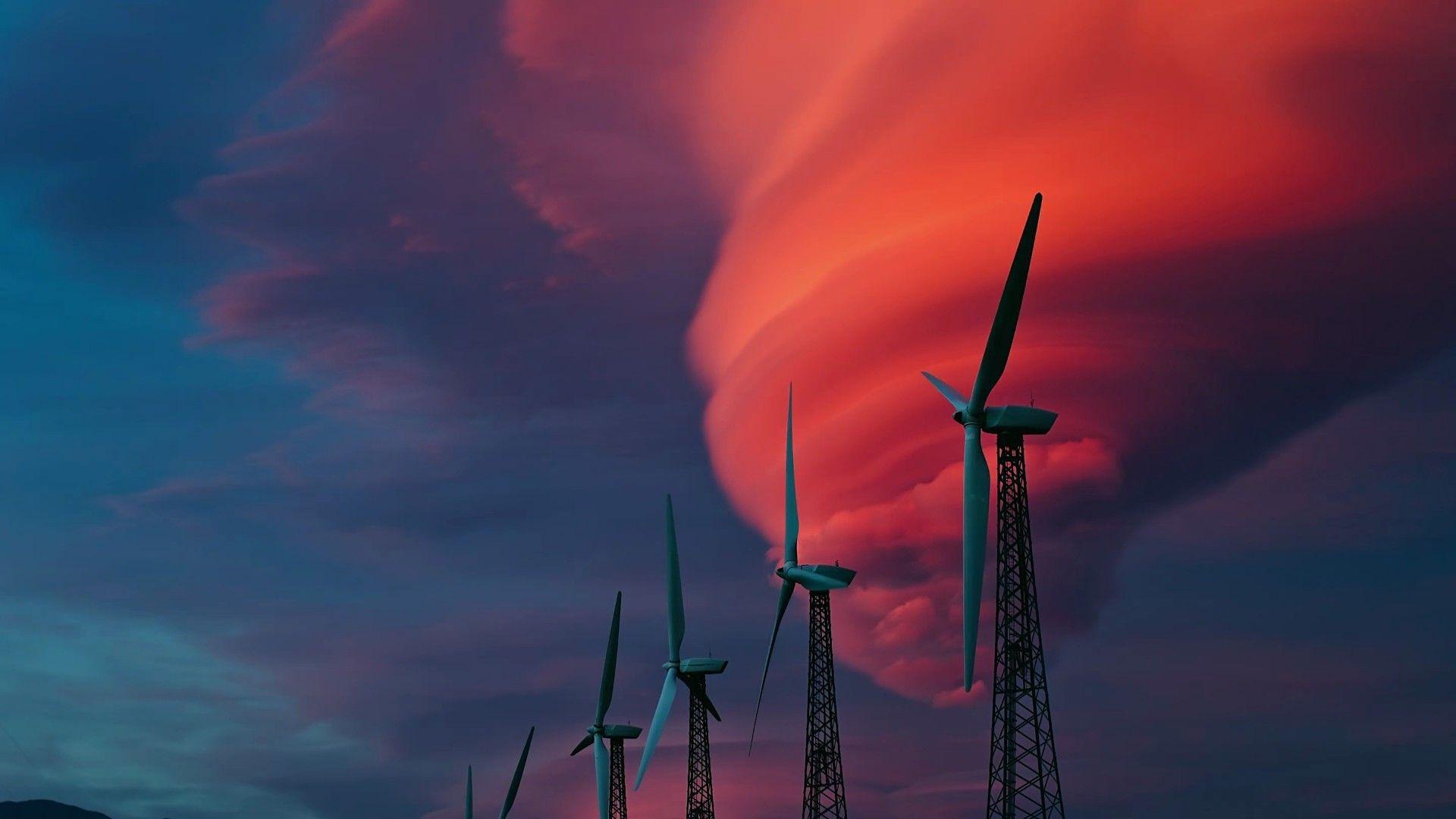 1920x1080 Windmills and red clouds