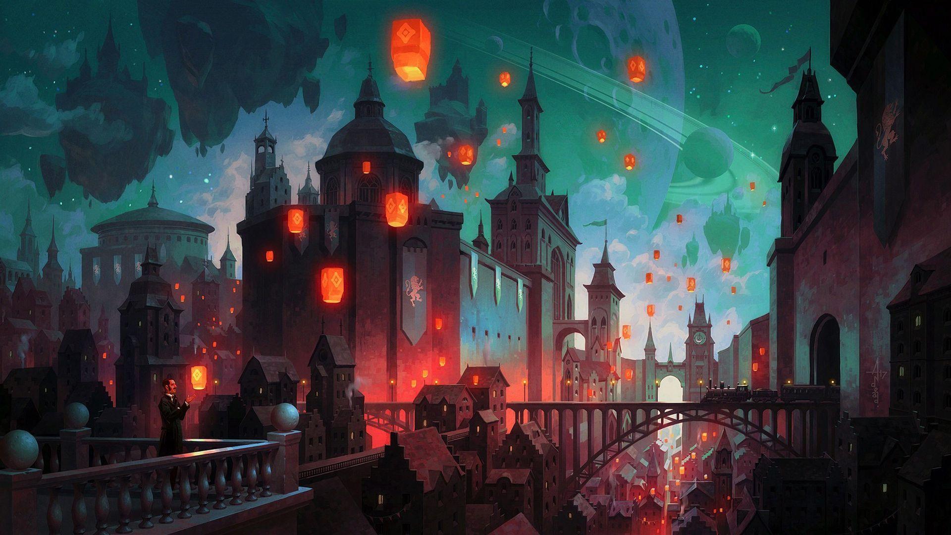 1920x1080 Fantasy Night City Wallpaper