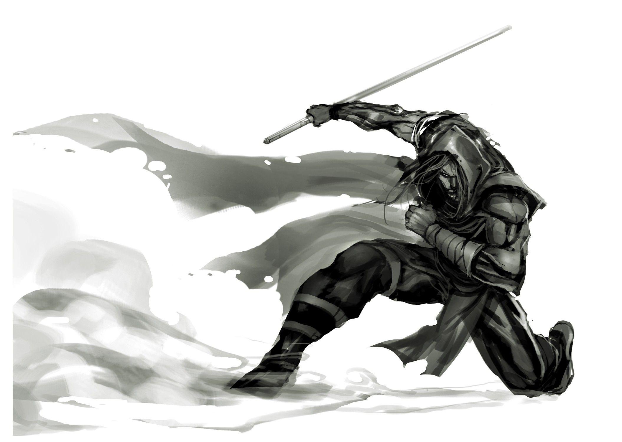 2110x1500 ninjas, samurai, Jedi, grayscale, swords Wallpaper