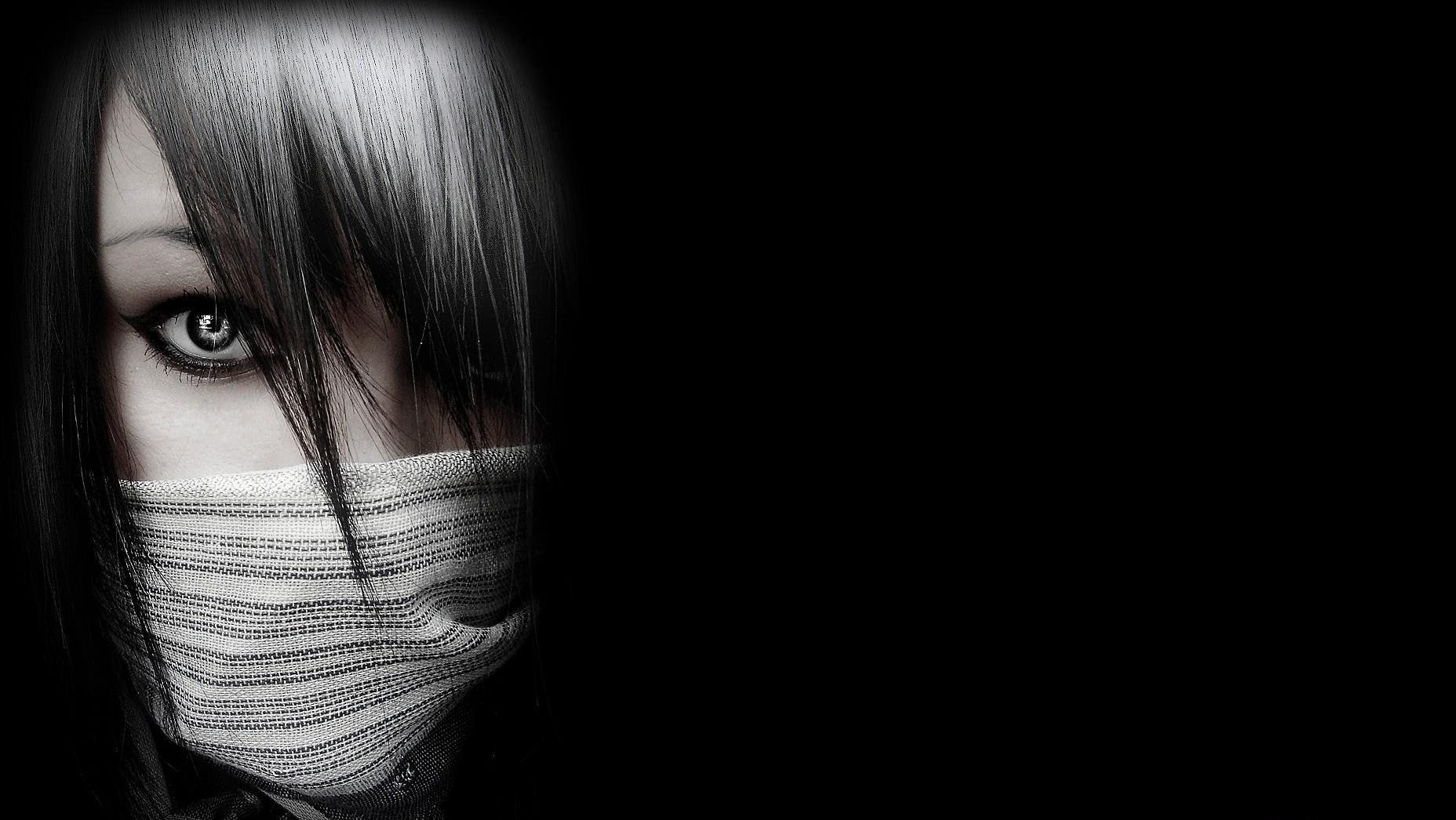 1856x1046 women, black, white, ninjas, black background wallpaper