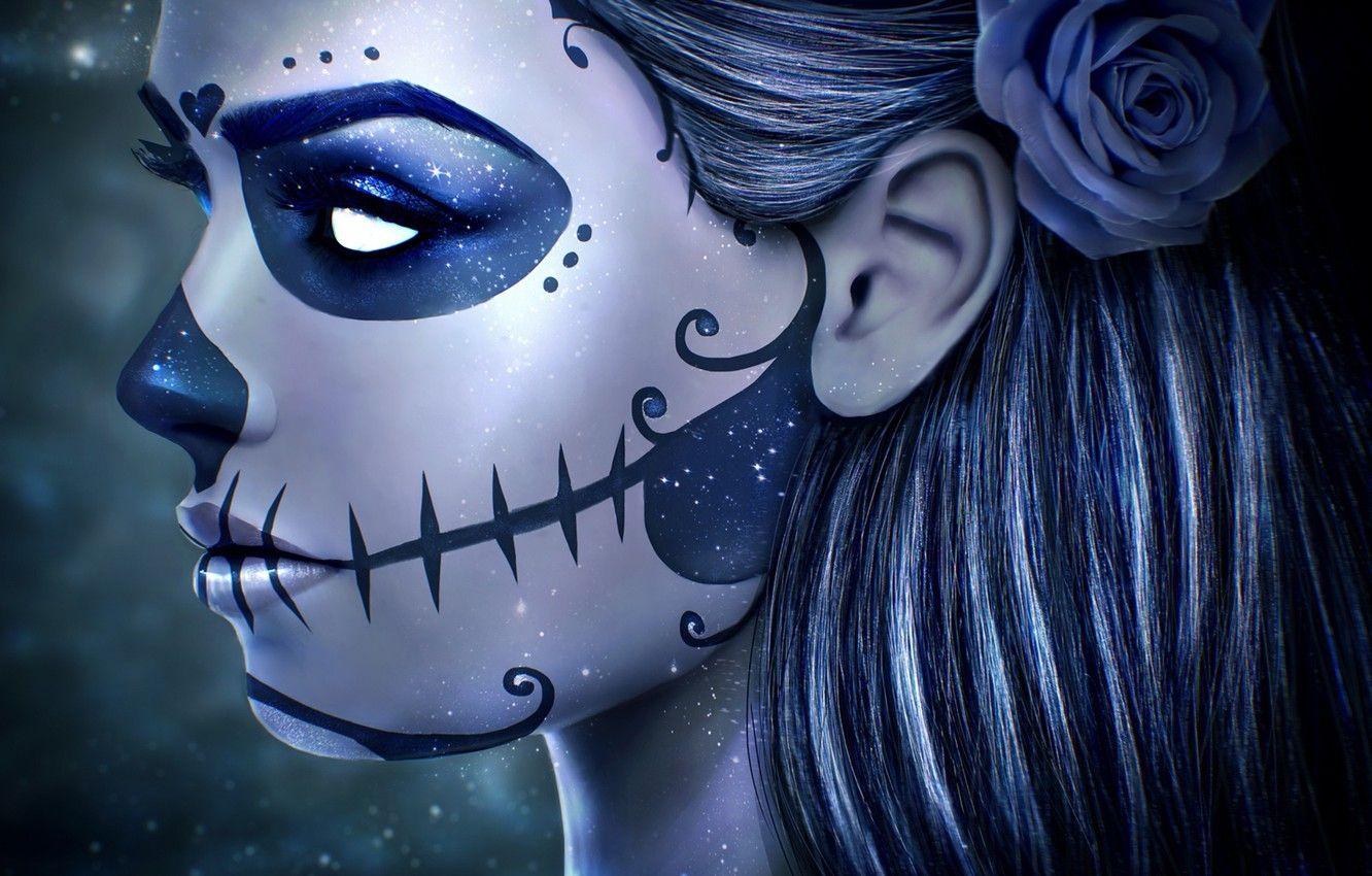 1332x850 Wallpaper girl, face, rose, skull, makeup, art, day of the dead, sugar skull image for desktop, section арт