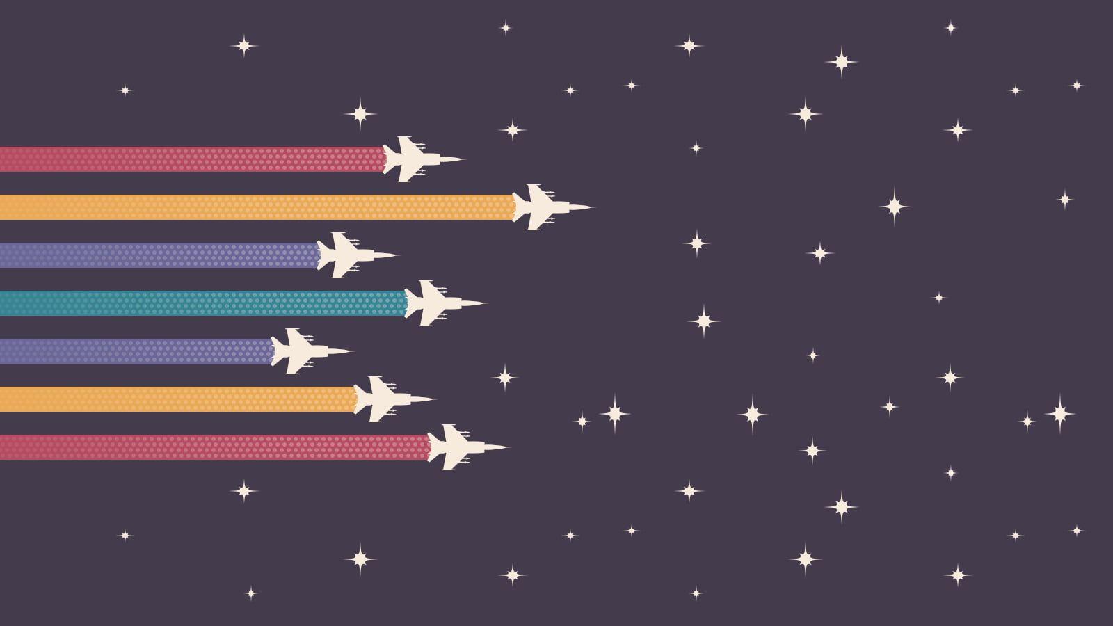 1600x900 Flying fighter plane with multicolored jet stream wallpaper
