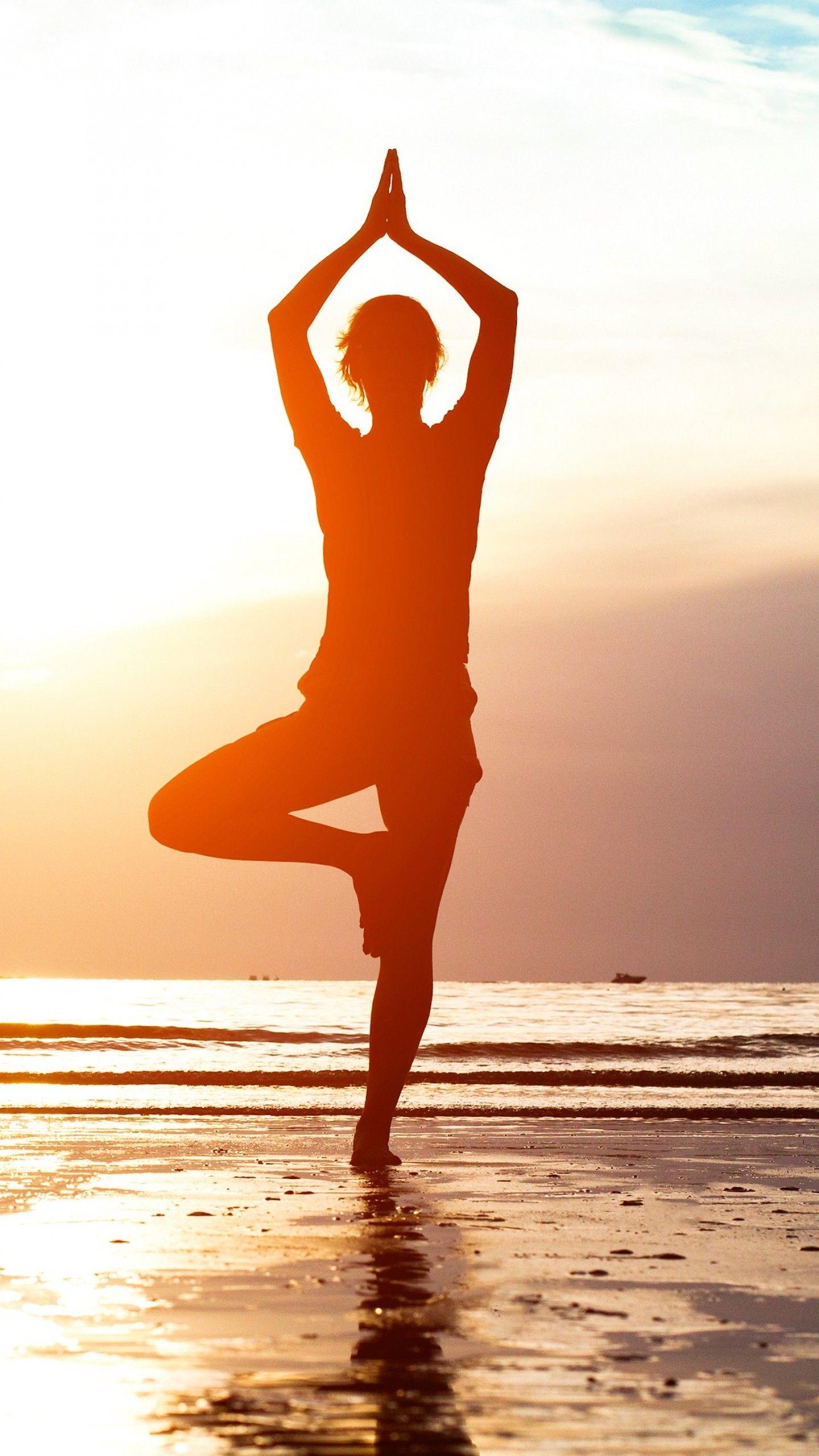 1440x2560 Wallpaper yoga, girl, weight loss, beach, sand, sun, relax
