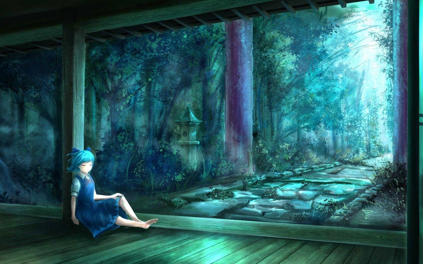 1680x1050 Download 1680x1050 Cirno, Touhou, Shrine, Trees, Relax