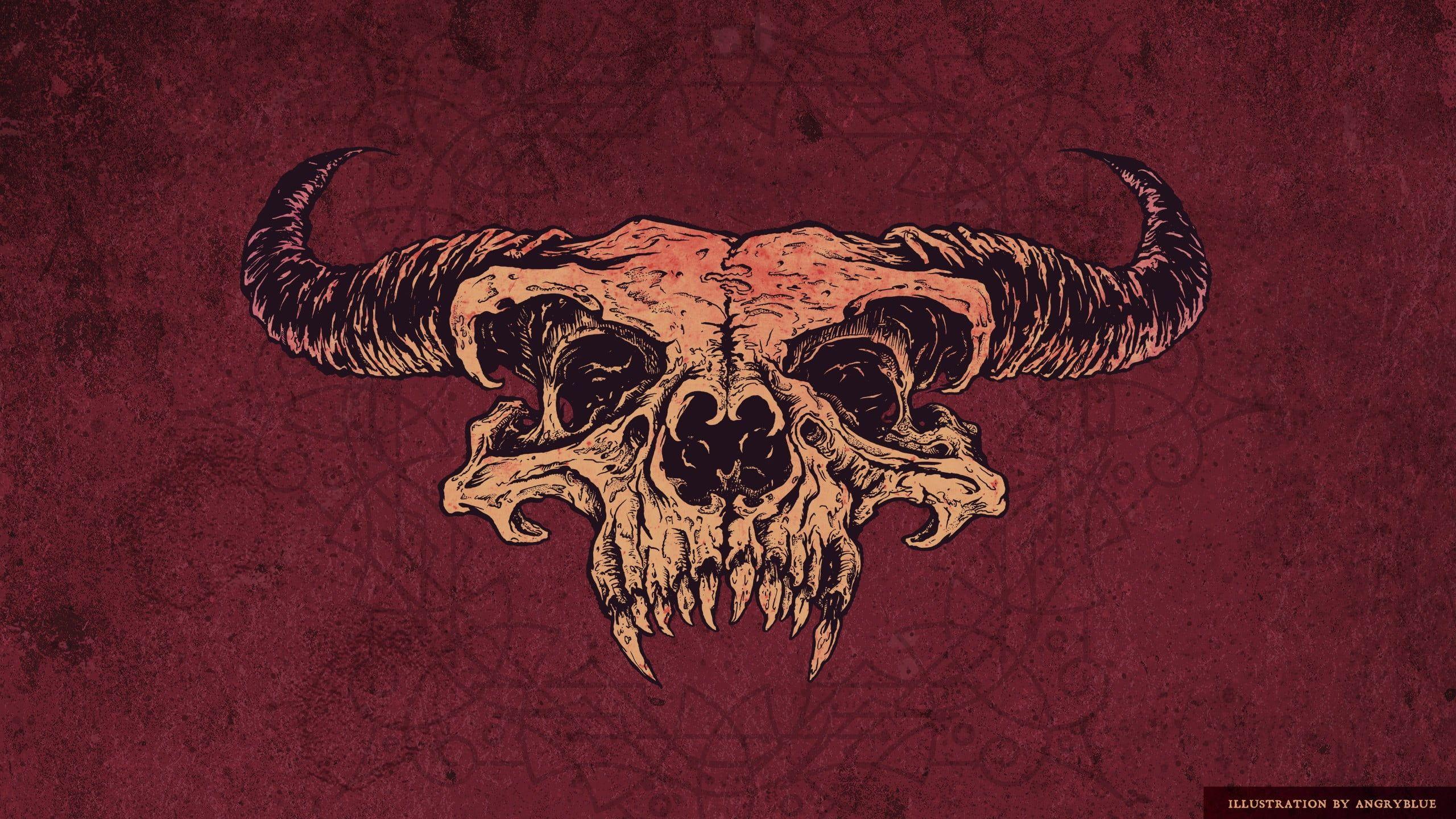 2560x1440 Animal skull illustration, skull, demon, satanic, horns HD wallpaper