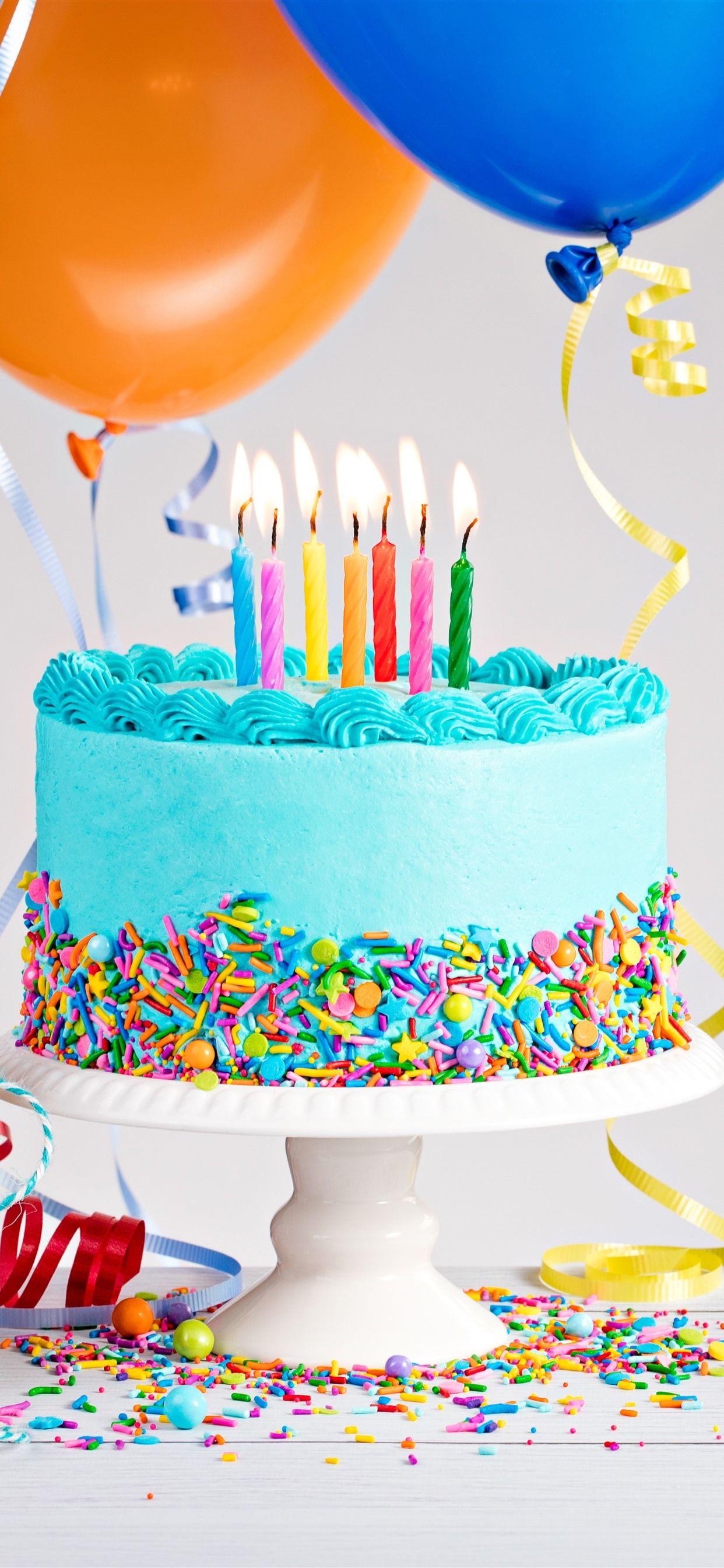 1242x2688 Birthday cake, colorful decoration, candles, flame, balloons