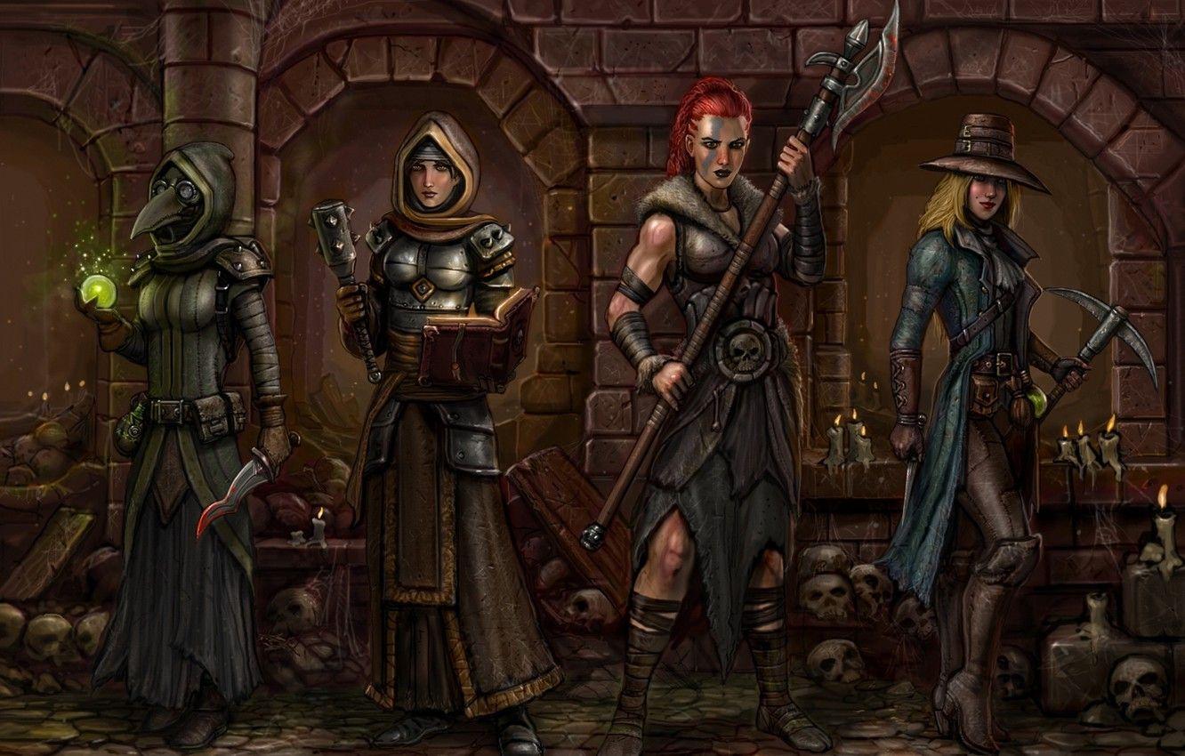 1332x850 Wallpaper fiction, girls, mask, dagger, kirk, art, axe, darkest dungeon, the valkyries image for desktop, section фантастика