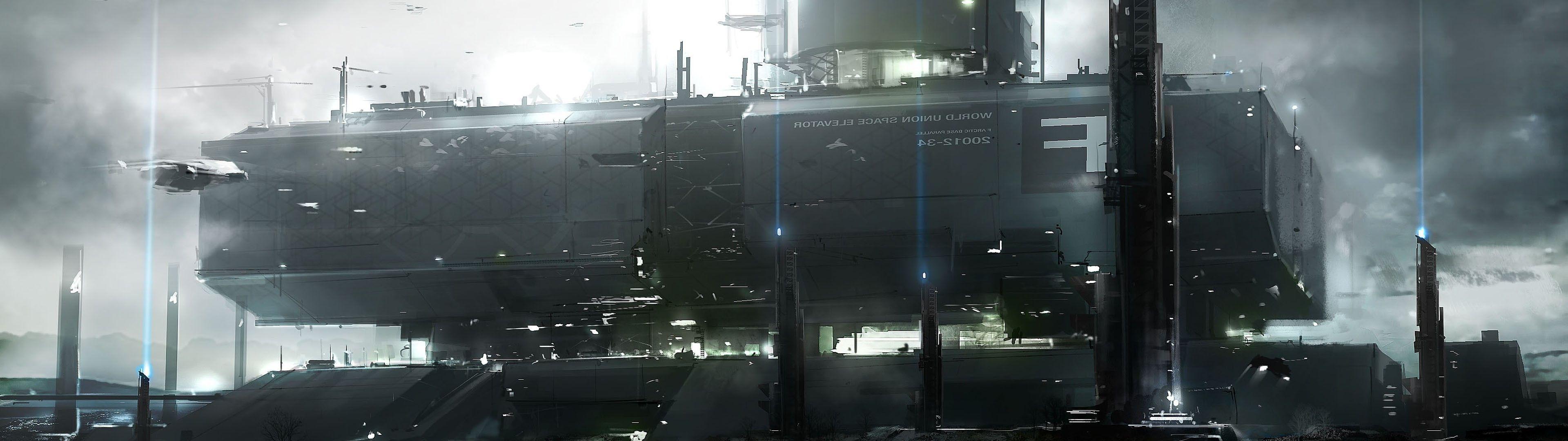 3840x1080 futuristic dystopian space elevator wallpaper