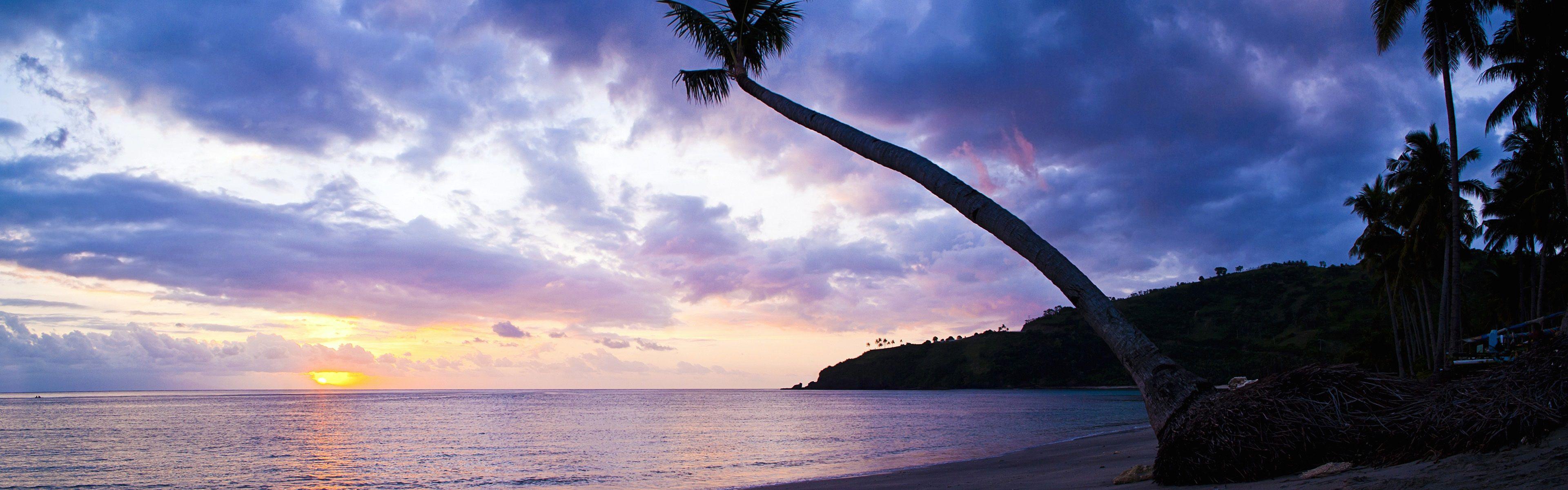 3840x1200 Palm tree silhouette, sunset, Lombok, West Nusa Tenggara