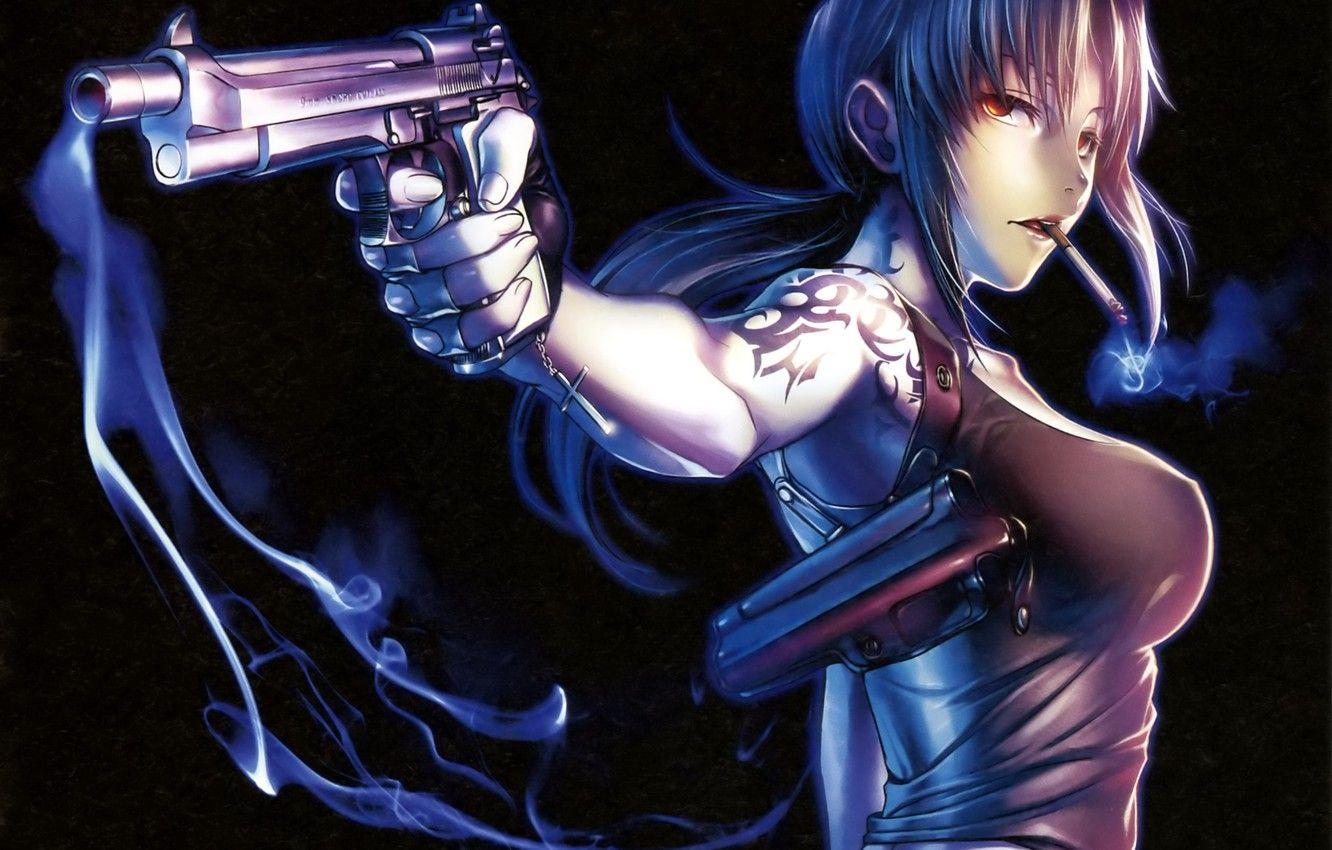 1332x850 Wallpaper girl, gun, smoke, anime, art, cigarette, tattoo
