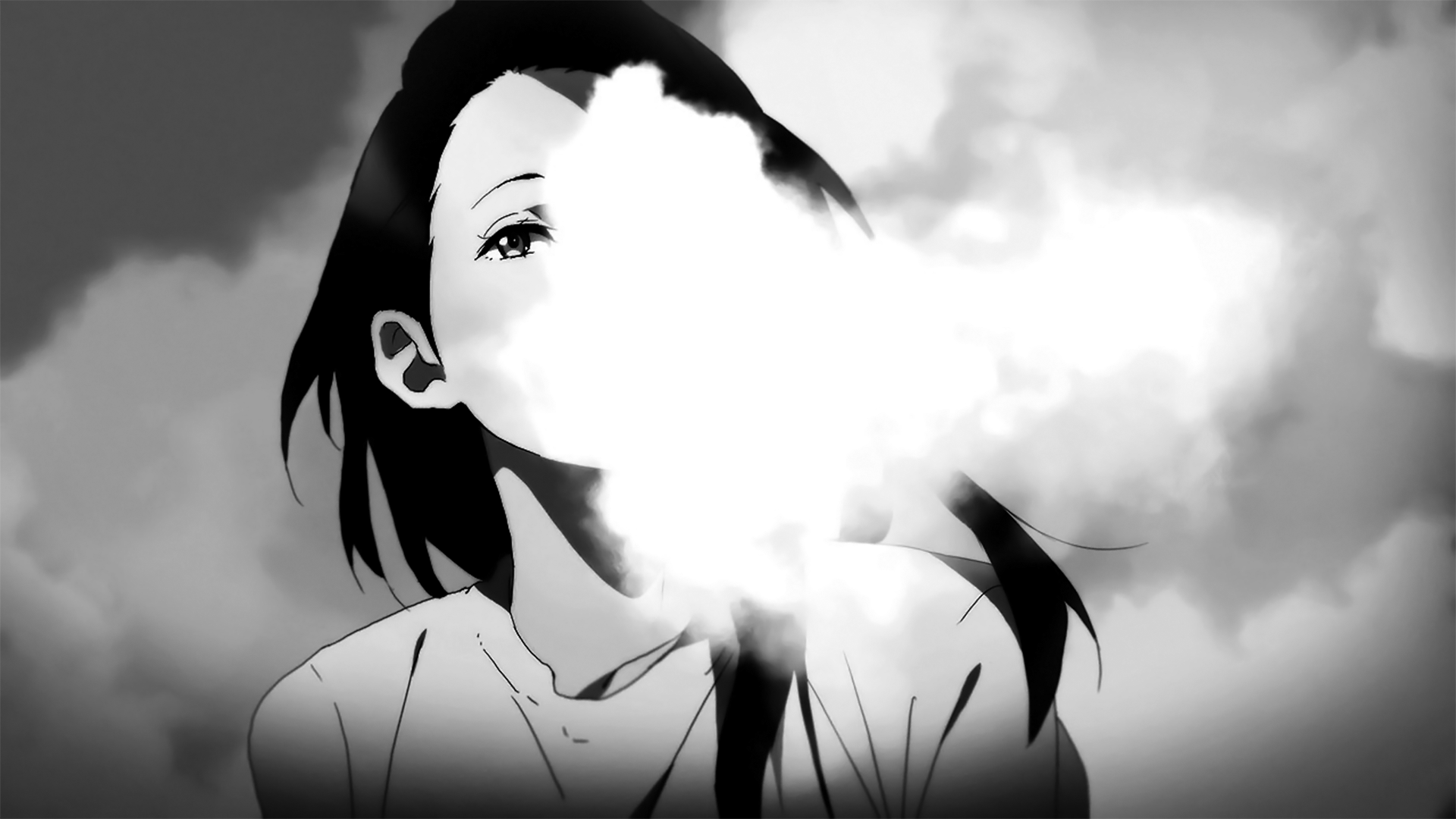 1920x1080 #clouds, #smoke, #eyes, #monochrome, #anime girls