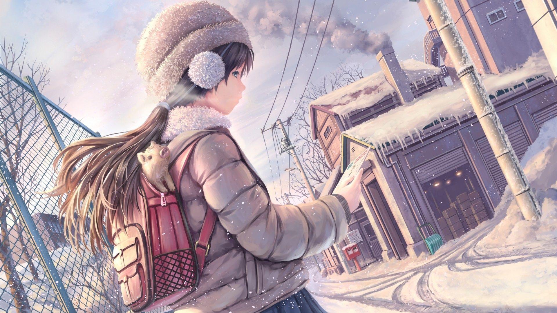 1920x1080 Download 1920x1080 Anime School Girl, Winter, Street, Snow