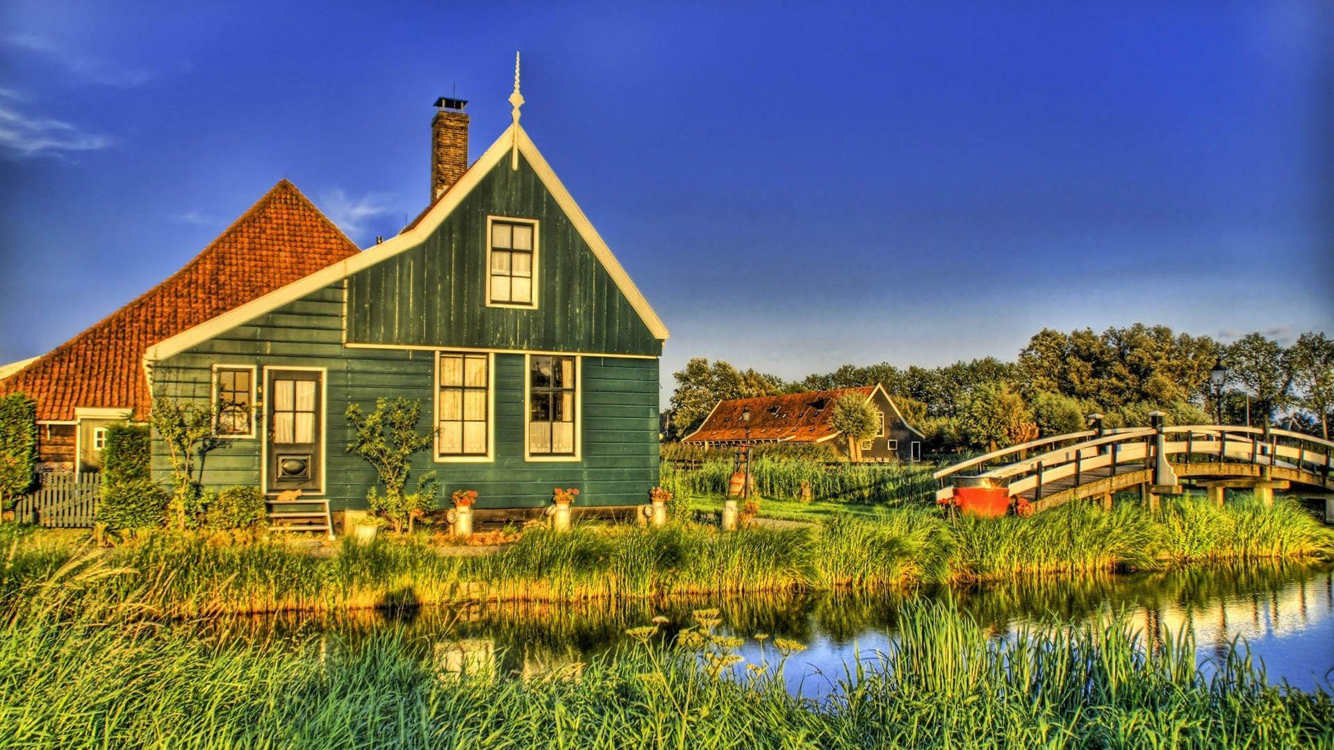 1920x1080 Download wallpaper 1920x1080 house, grass, bridge, country