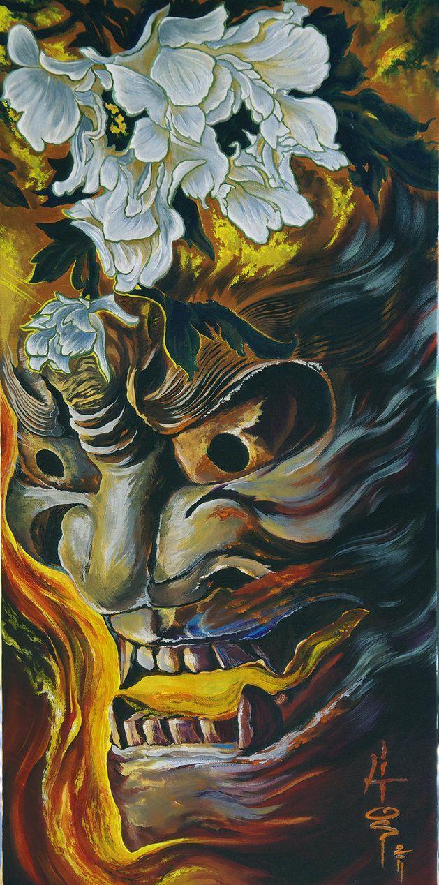 629x1268 Hannya Mask. Great colors in the surrounding area. Irezumi Tat