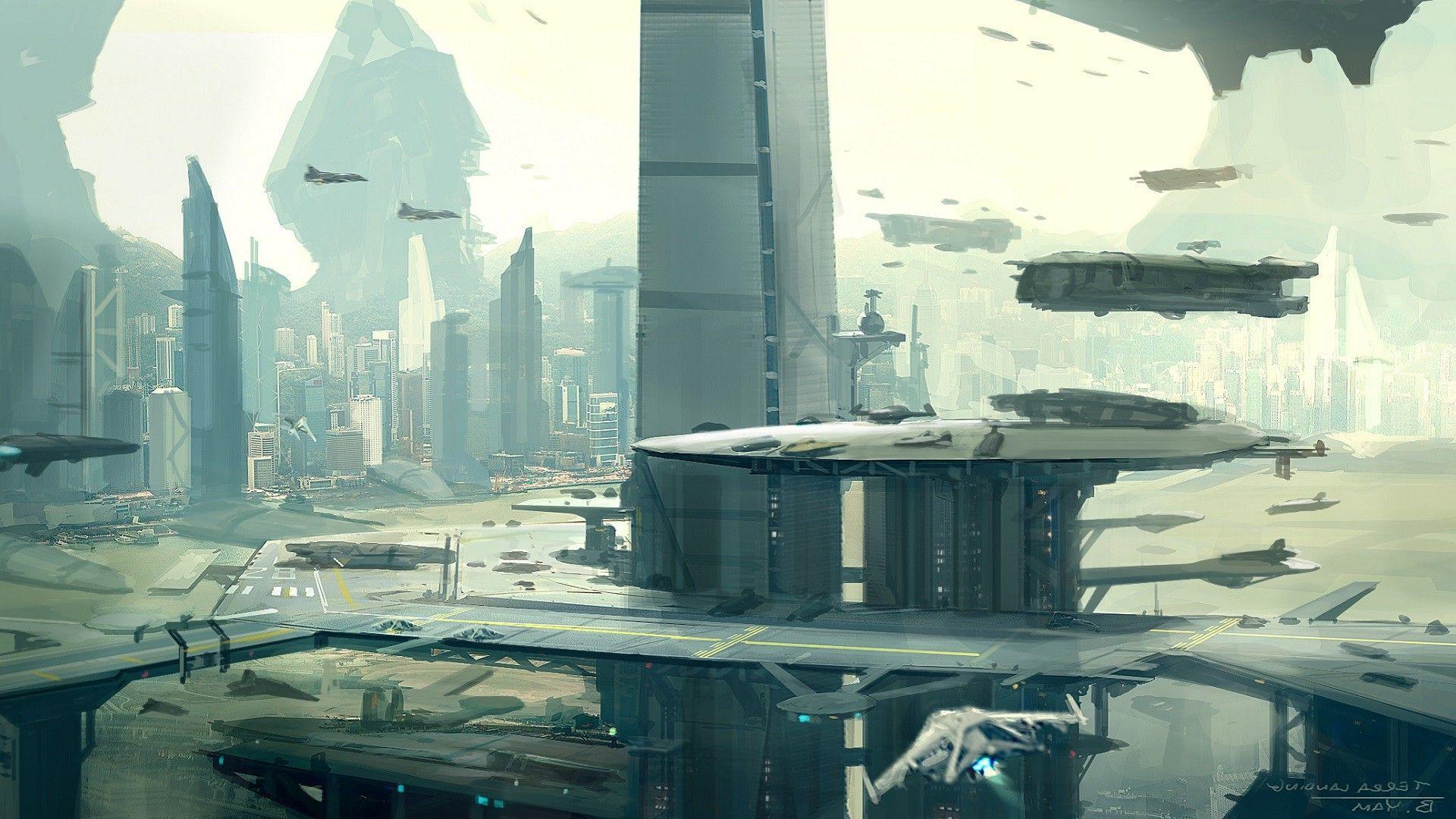 1920x1080 spaceship, Star Citizen, Cityscape, City, Futuristic, Digital Art