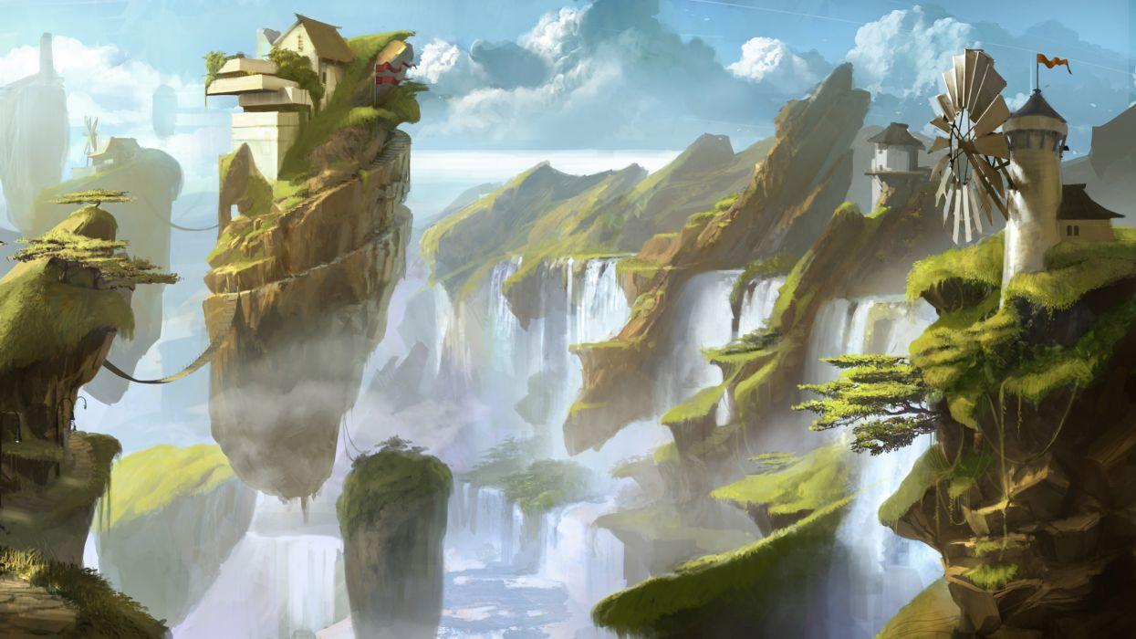 1245x700 Islands Floating Drawing Windmill Waterfall landscape