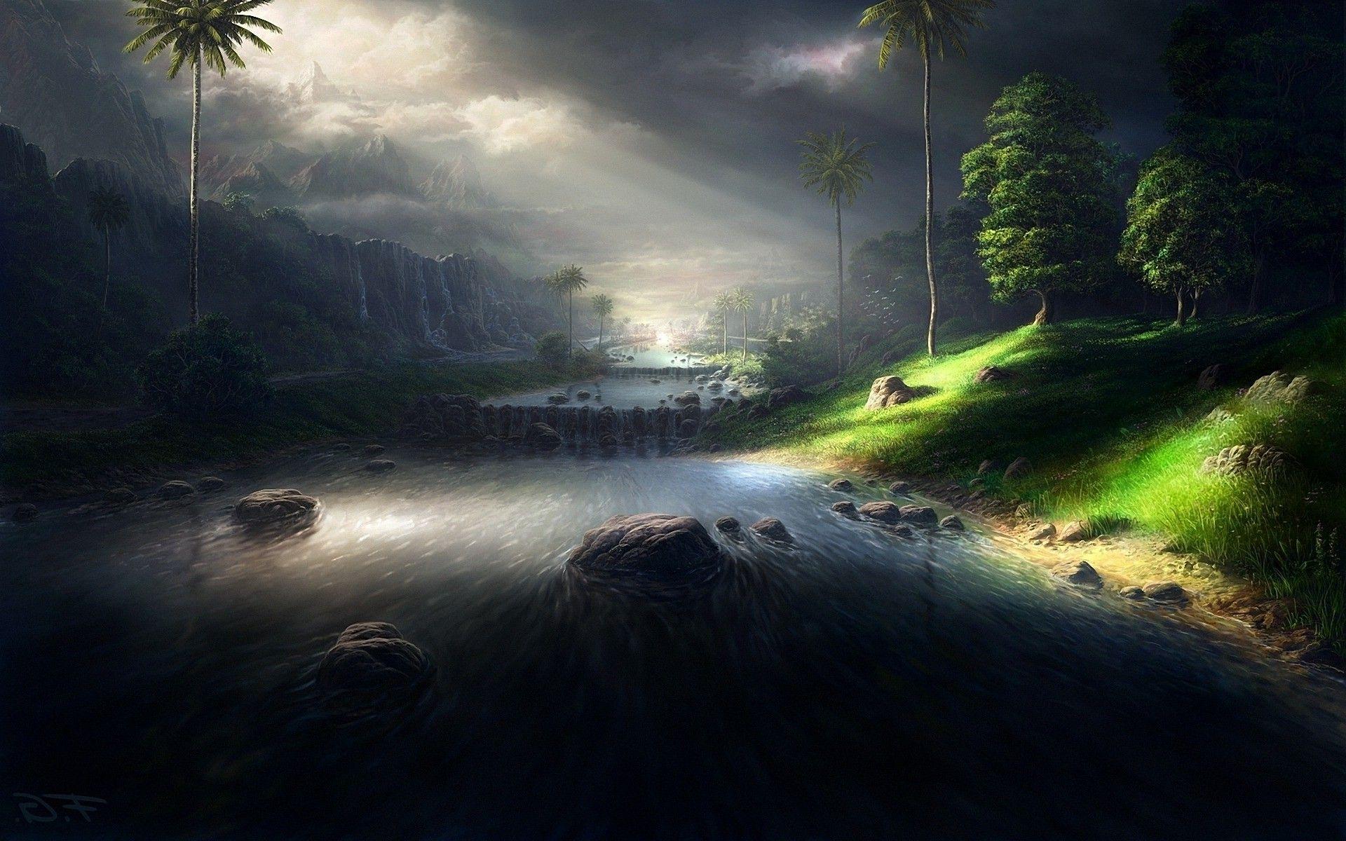 1920x1200 landscape, Sky, River, Mountain, Trees Wallpaper HD