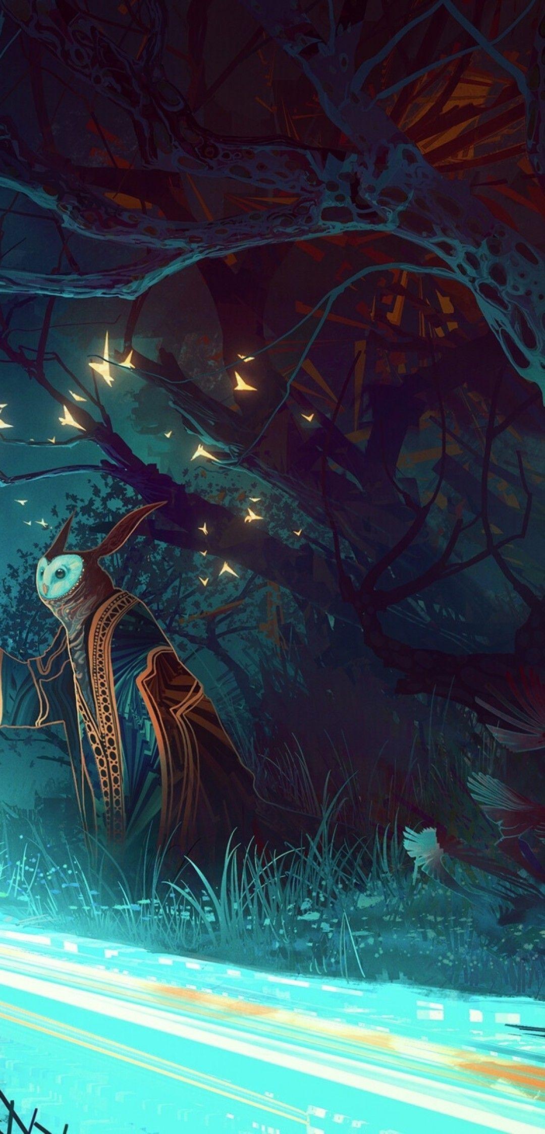 1080x2248 Download 1080x2248 Fantasy Landscape, Owl, Magical Creature