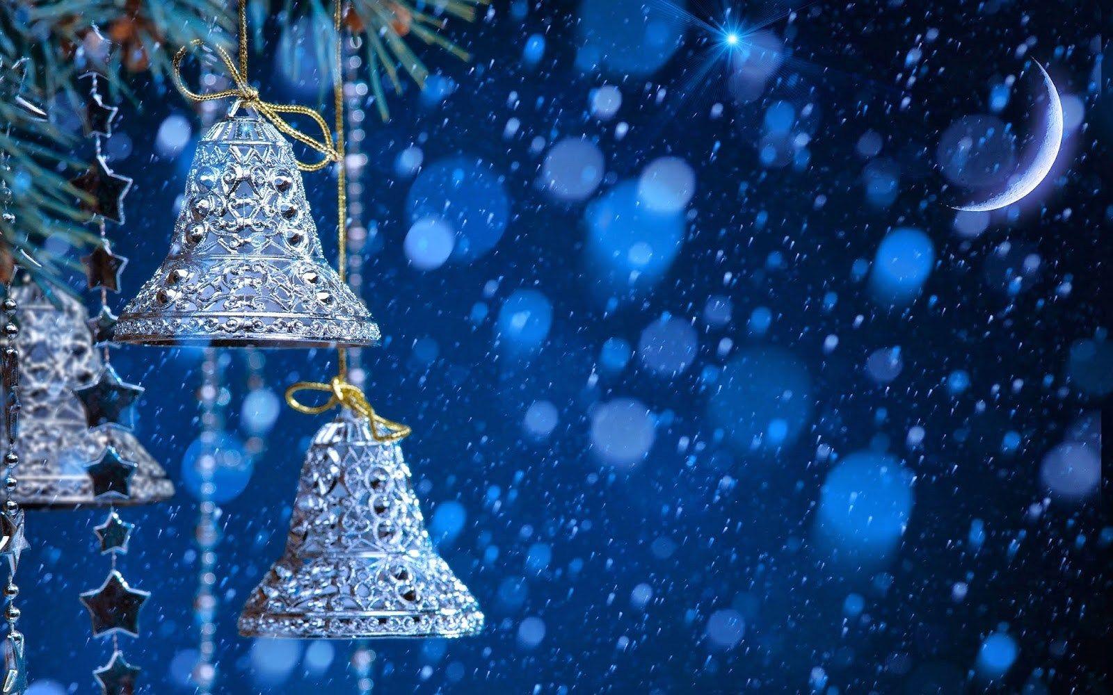 1600x1000 Merry Christmas Jingle Bells Silver With Snow Fall Blue