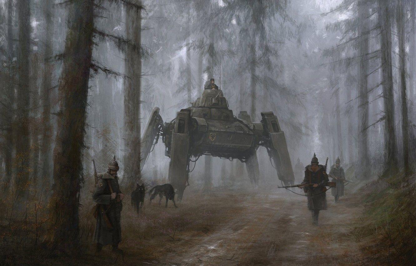 1332x850 Wallpaper gun, forest, robot, soldier, weapon, man, rifle