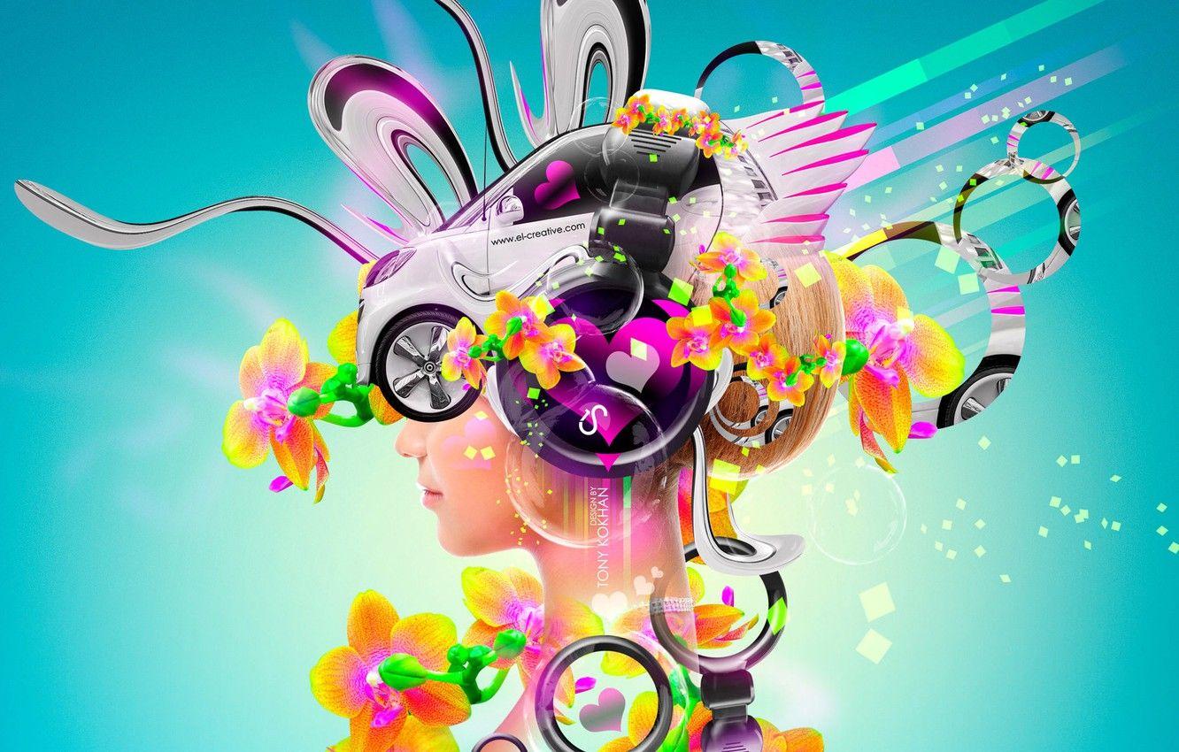 1332x850 Wallpaper Flowers, Girl, Auto, Music, Neon, Headphones