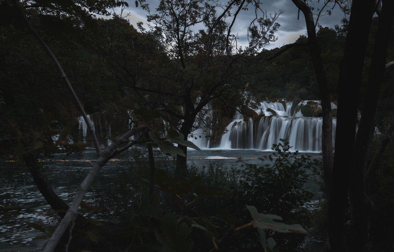 1332x850 Wallpaper river, trees, nature, bushes, waterfall, cloudy