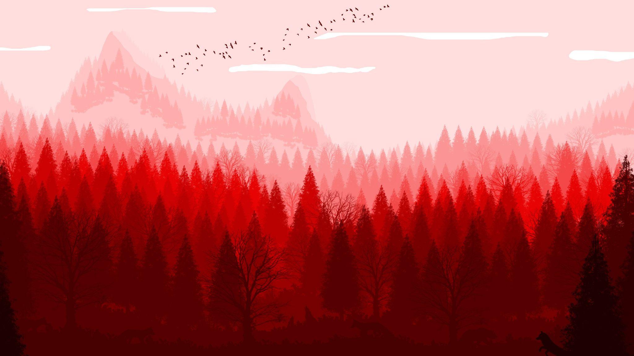 2048x1152 Red Forest, Horizon, Nature, Art, Wallpaper Forest 4k