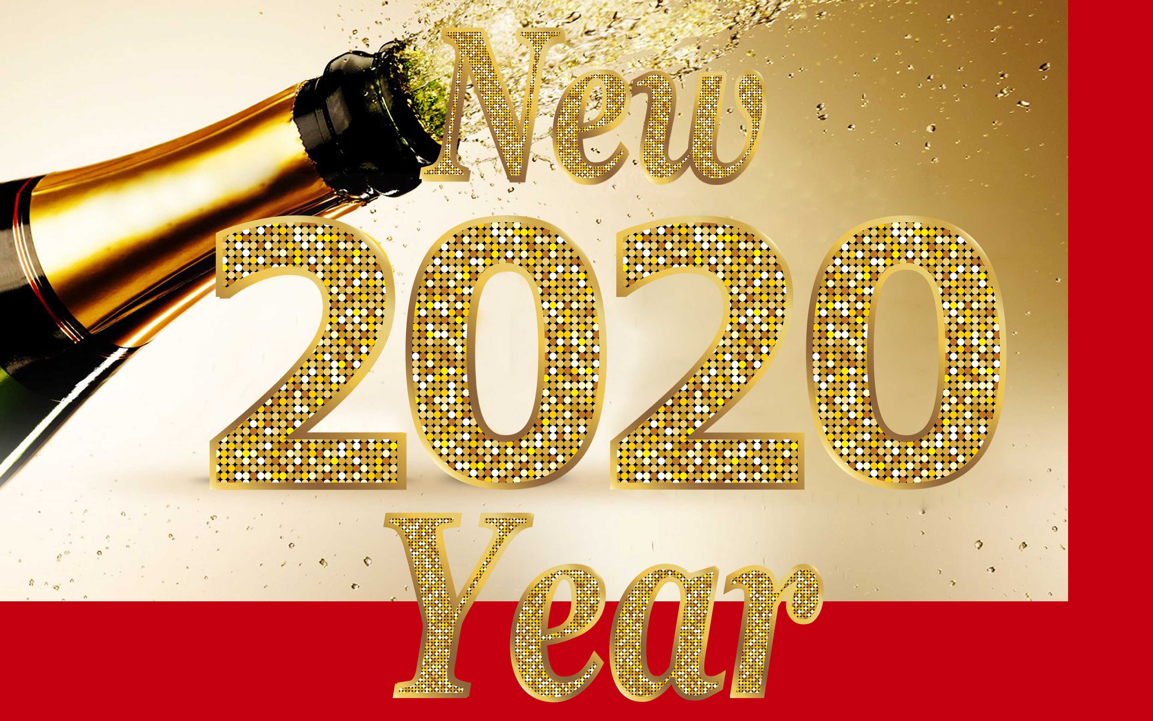 3840x2400 Happy New Year 2020 Sampin Bottle Photo 3D Wallpaper HD 3840x2400