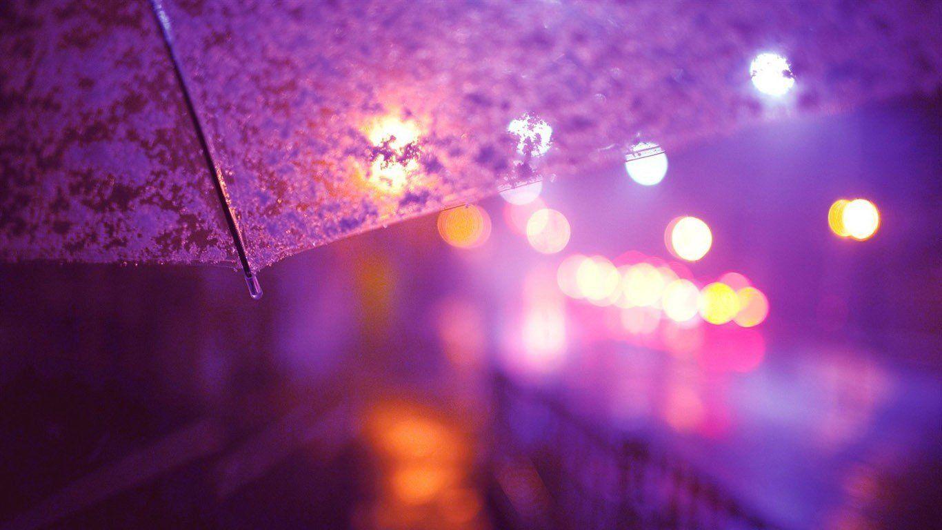 1366x768 umbrella, Lights, Street light, City lights, Rain, Bokeh