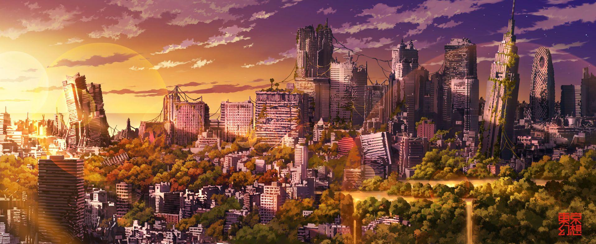 1916x787 Post Apocalyptic Tokyo Scenery Pink Tentacle