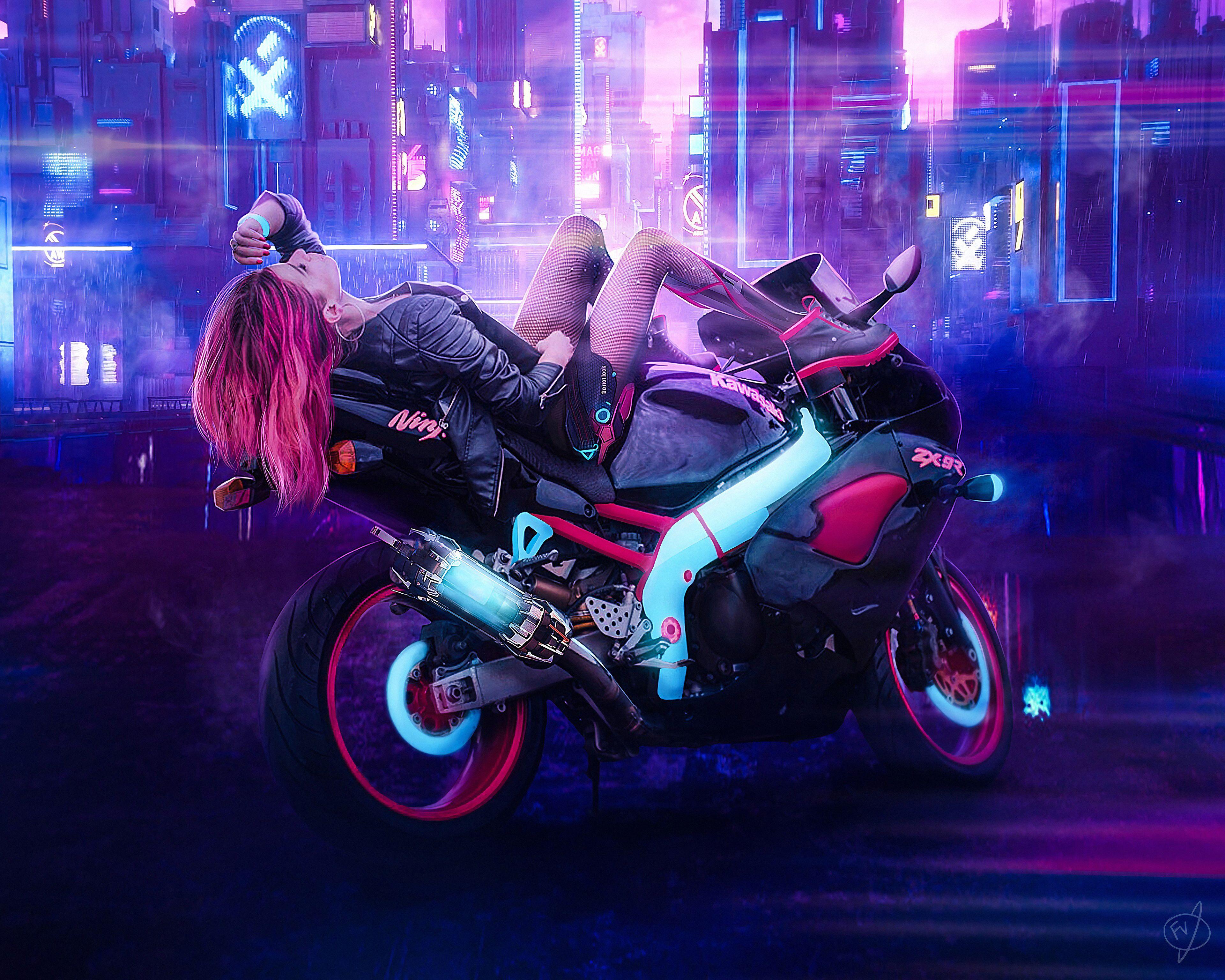 3840x3072 Cyberpunk Girl On Bike, HD Artist, 4k Wallpaper, Image