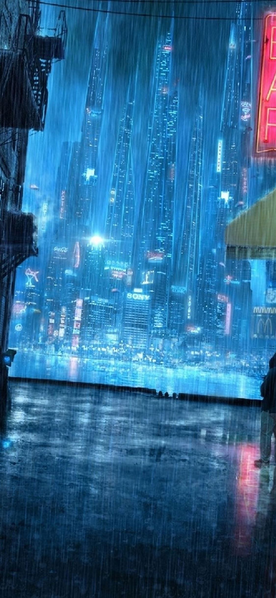 1125x2436 Rainy Night Street iPhone Wallpaper