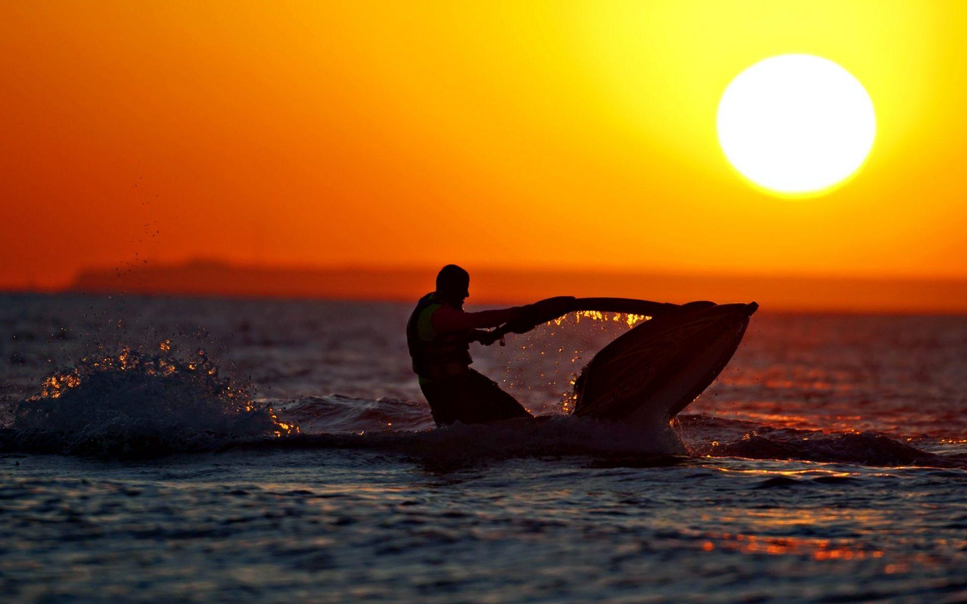 1920x1200 Jet Ski In Sunset Beach Beautiful Wallpaper HD / Desktop