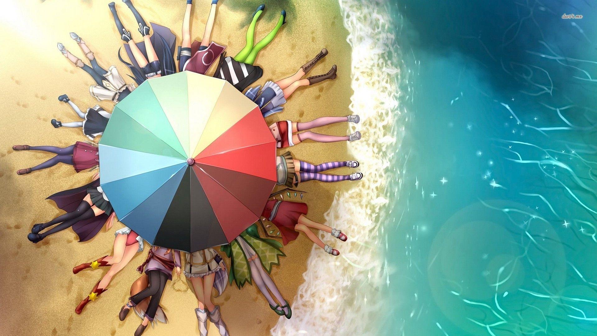 1920x1080 Anime characters under the beach umbrella wallpaper
