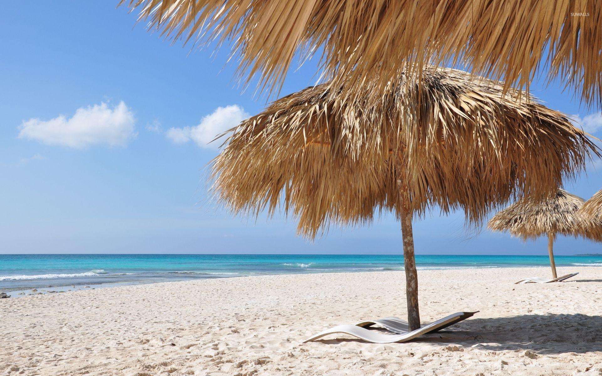 1920x1200 Thatch umbrellas on sandy beach wallpaper wallpaper